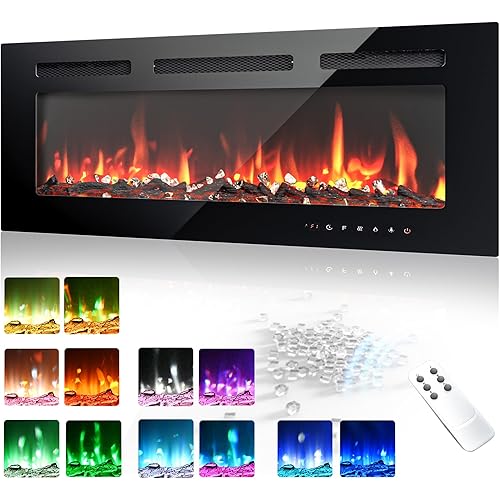 EUHOMY 36 Inch Electric Fireplace Wall Recessed and Wall Mounted with Adjustable Flame Color, Fireplace Heater with Remote Control, Linear Fireplace with Timer, Touch Screen, Log & Crystal, 750/1500W