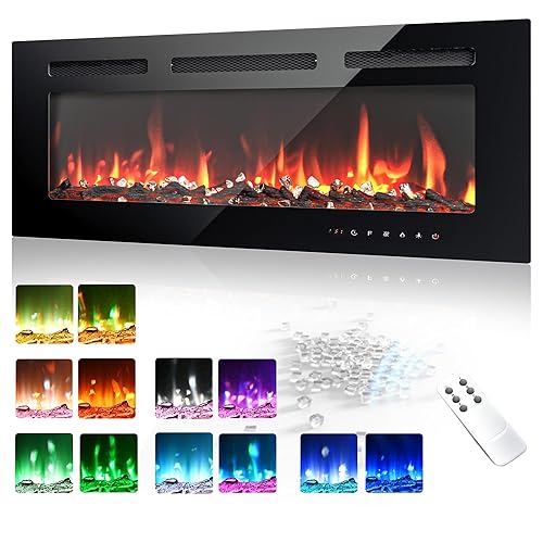 EUHOMY 36 Inch Electric Fireplace Wall Recessed and Wall Mounted with Adjustable Flame Color, Fireplace Heater with Remote Control, Linear Fireplace with Timer, Touch Screen, Log & Crystal, 750/1500W