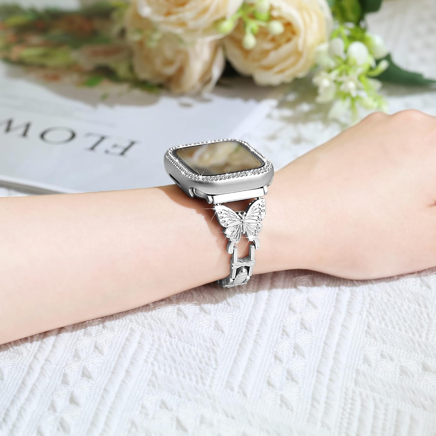 wipalor Compatible with Apple Watch Band Series 8 7 41mm+Bling Case, Lightweight for Women, Easy Adjustable Bracelet, Shiny Diamond on Butterfly, Jewelry Metal Strap for iWatch Series 8 7(Silver)