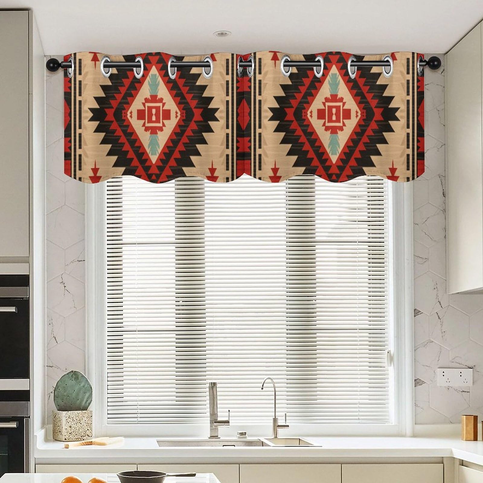 Cenefa de ventana geométrica africana, juego de 2 cortinas cortas de cocina