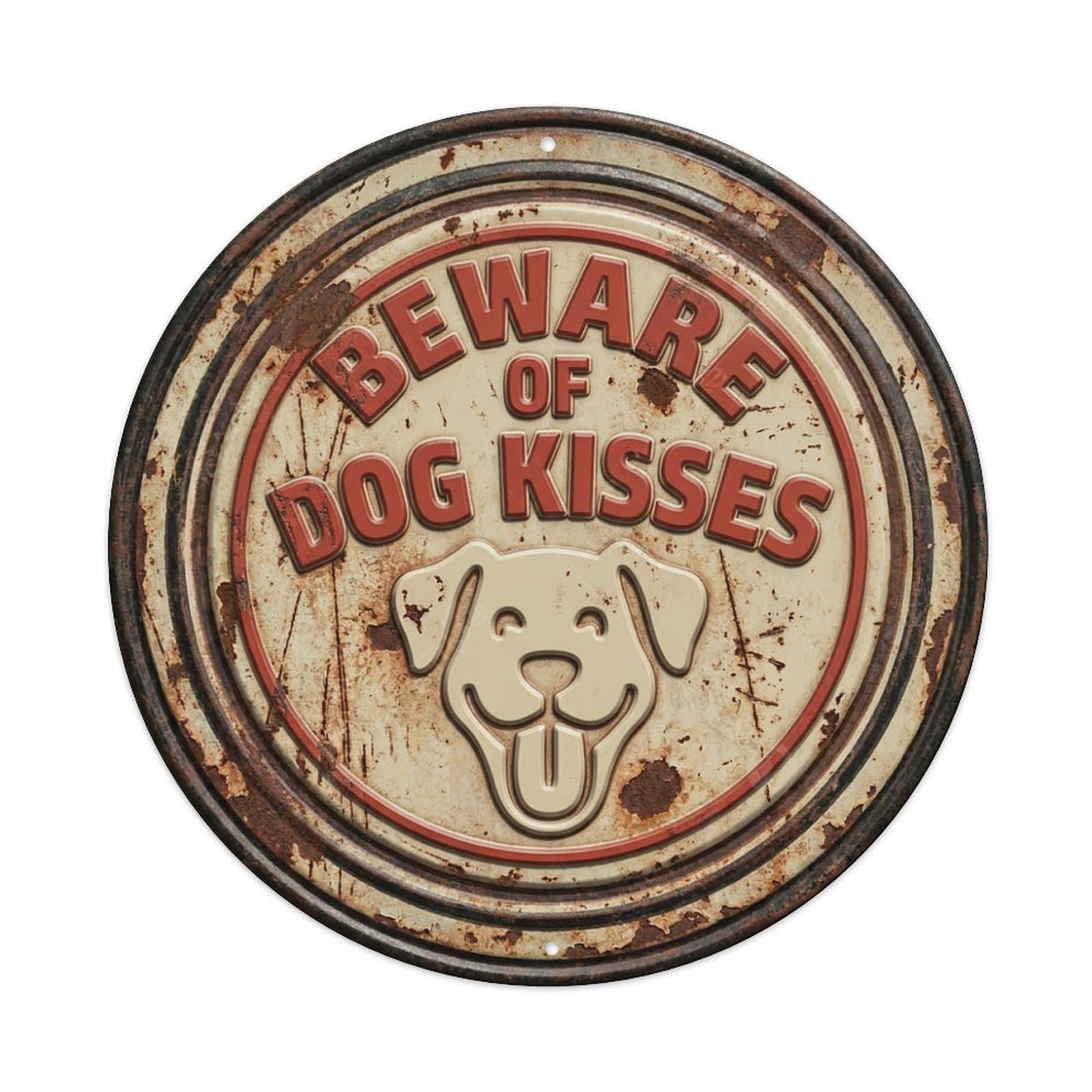 Beware Dog Kisses Retro Slogans Metal Tin Sign Plaque Wall Decor for Cafe, Club Bar, Office, Home Garden Round Metal Poster 8x8Inch