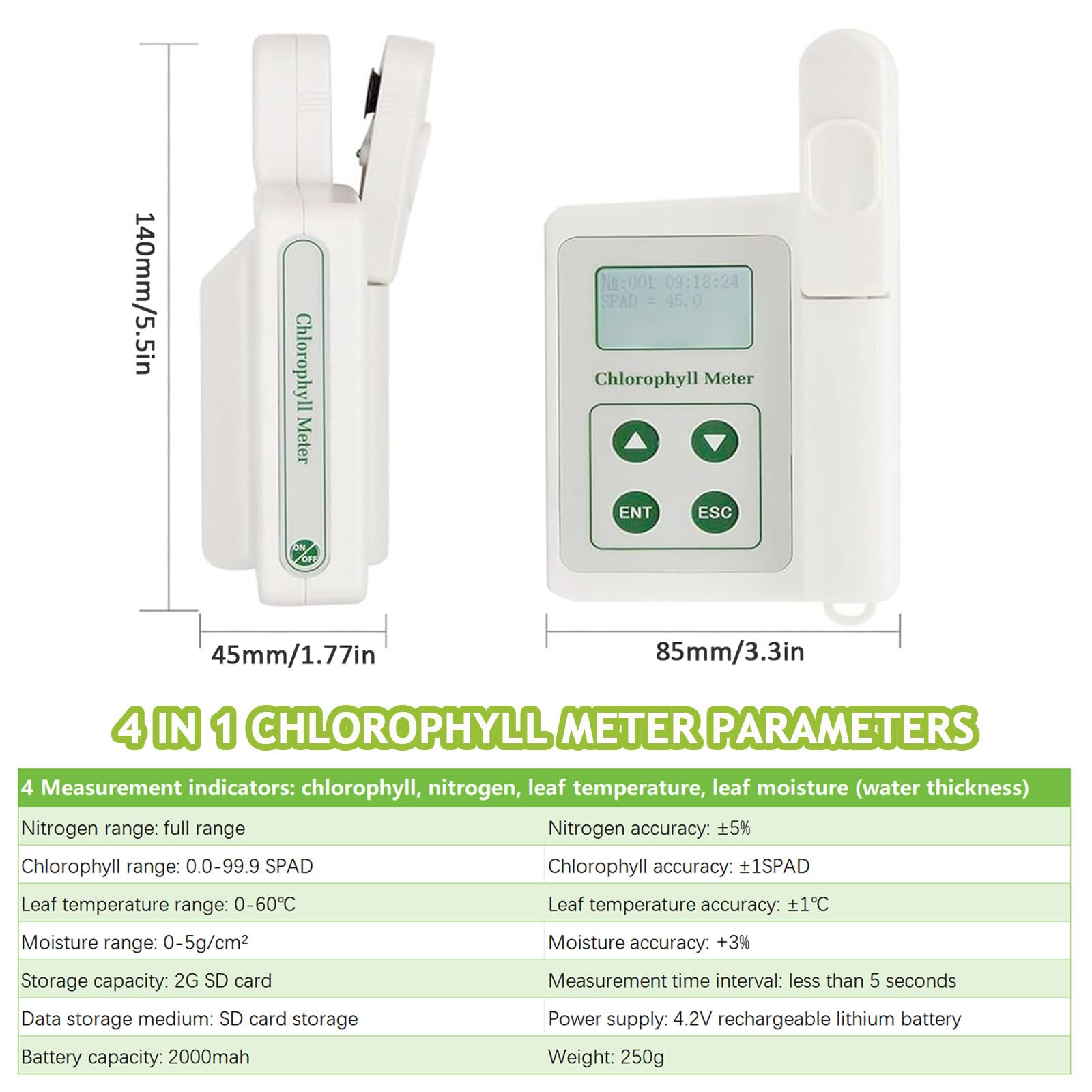 Medidor de clorofila de nitrógeno 4 en 1 para humedad del suelo, probador de nutrición vegetal manual para jardineros, agricultores y científicos, incluye práctica caja de almacenamiento