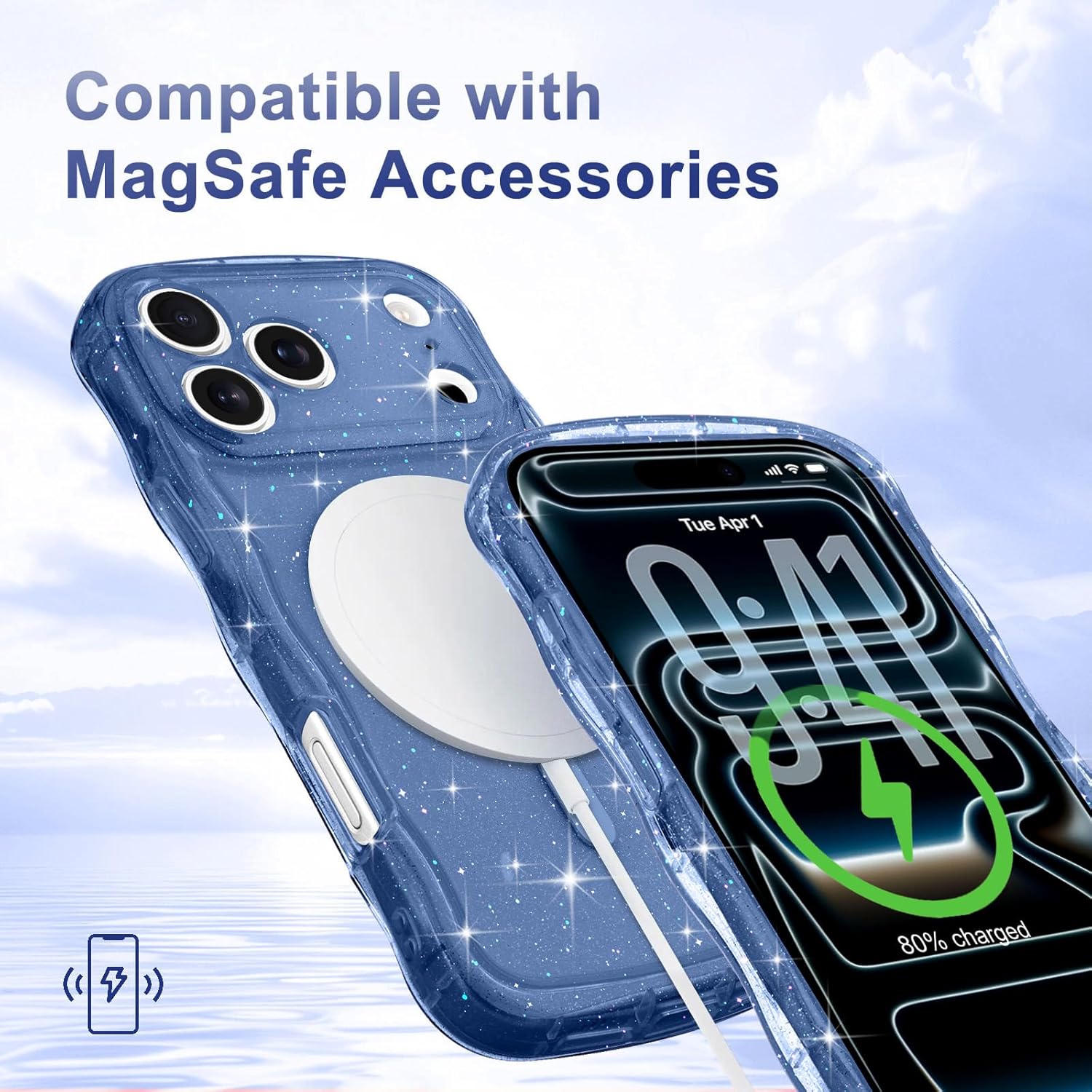 Magnetic for iPhone 17 Pro Max Case Clear, Sparkly Bling Glitter Cute Curly Wave Bumper Cover for Women Girls Compatible with MagSafe TPU Shockproof Phone Case for iPhone 17 Pro Max, Deep Blue - Image 6