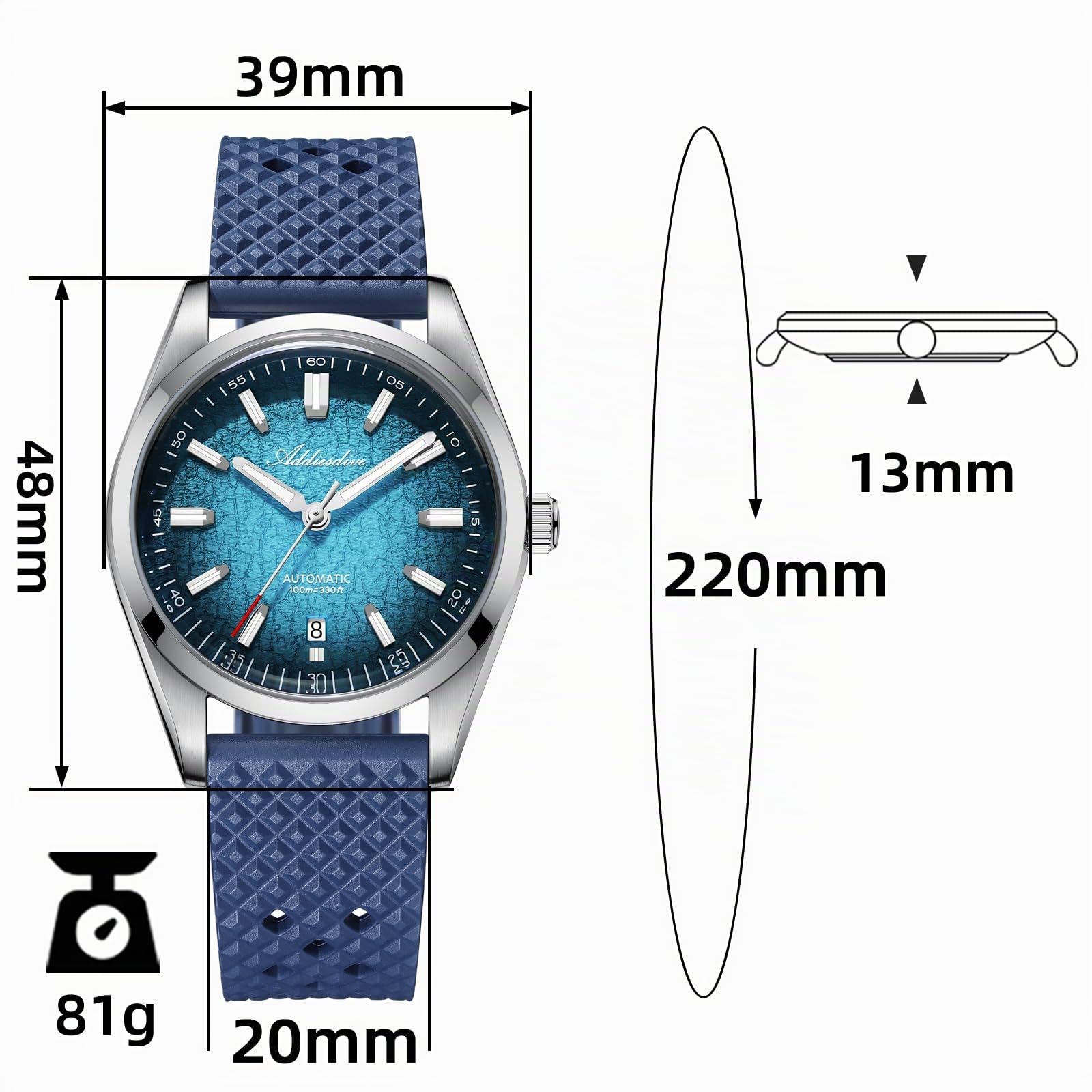 ADDIESDIVE Orologio Uomo Automatico 8215 Movimento Cinturino Gomma Fluorurata FKM Impermeabile 100 M K1 Vetro Bolla AD2531 BGW9 Luminoso Quadrante con Gradiente