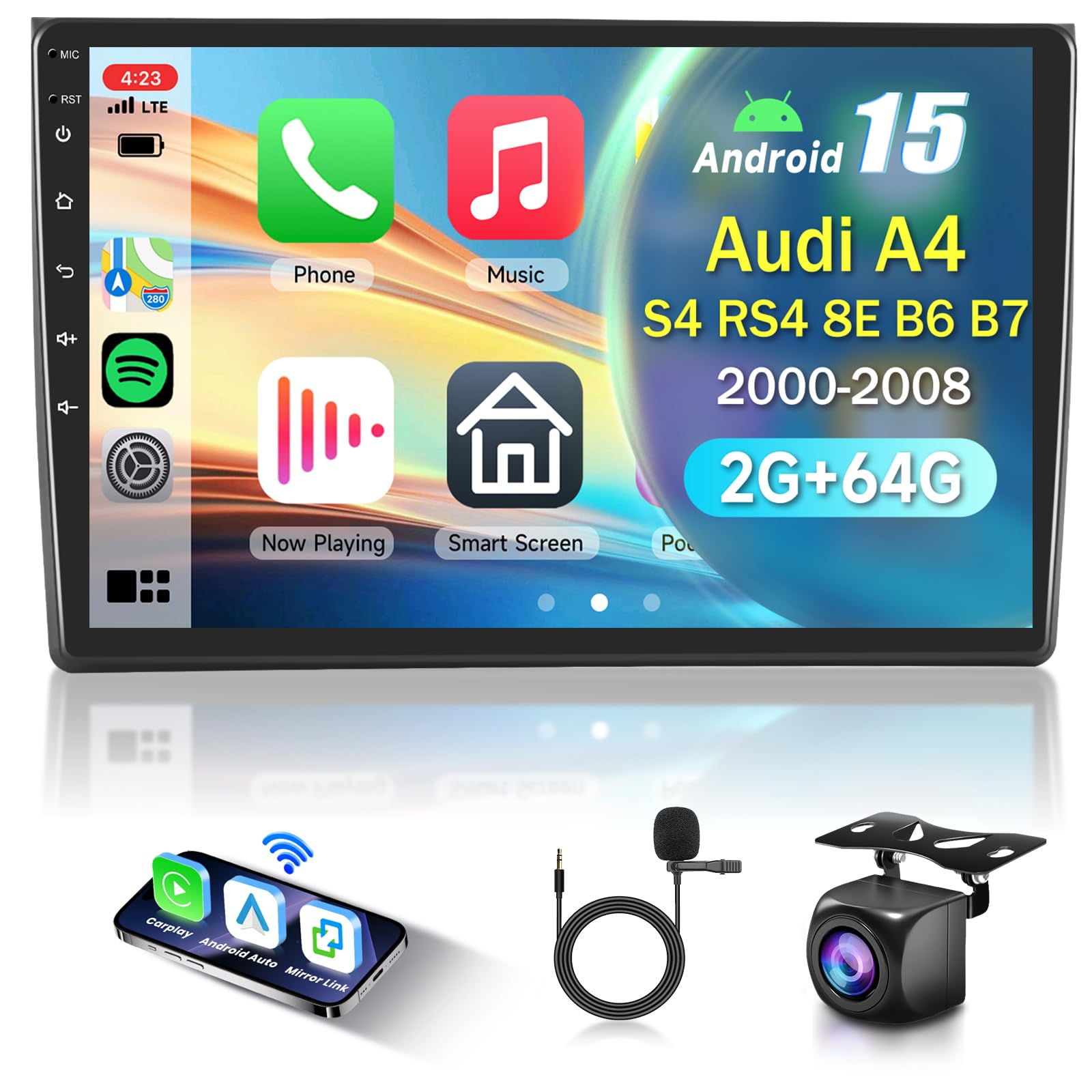 2G&64G 9" Autoradio per Audi A4 2002-2008 con Carplay Android Auto Wireless Android 15,touchscreen Bluetooth RDS/FM Radio,Wi-Fi Navi/Telecamera posteriore AHD