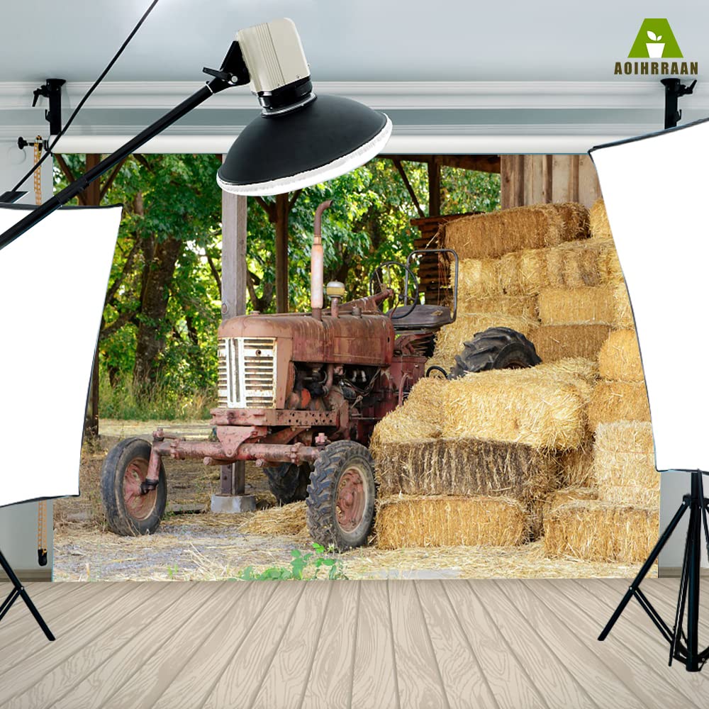 Aoihrraan 3x2m Vintage Tracteurs Toile de Fond Campagne Ferme Grange Meules de Foin Balles de Foin Scène Rurale Photographie Fond Cowboys Fête Enfants Adultes Mariage Portrait Photo Props