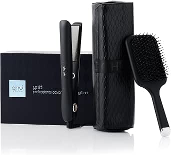 ghd - ghd Gold Straightener Set, Straightener (Black) - Brush & Pouch Included - 65% Shimmer Hair - Smooth, Wave, Curl Thanks to its Rounded Design - Ideal for all hair types