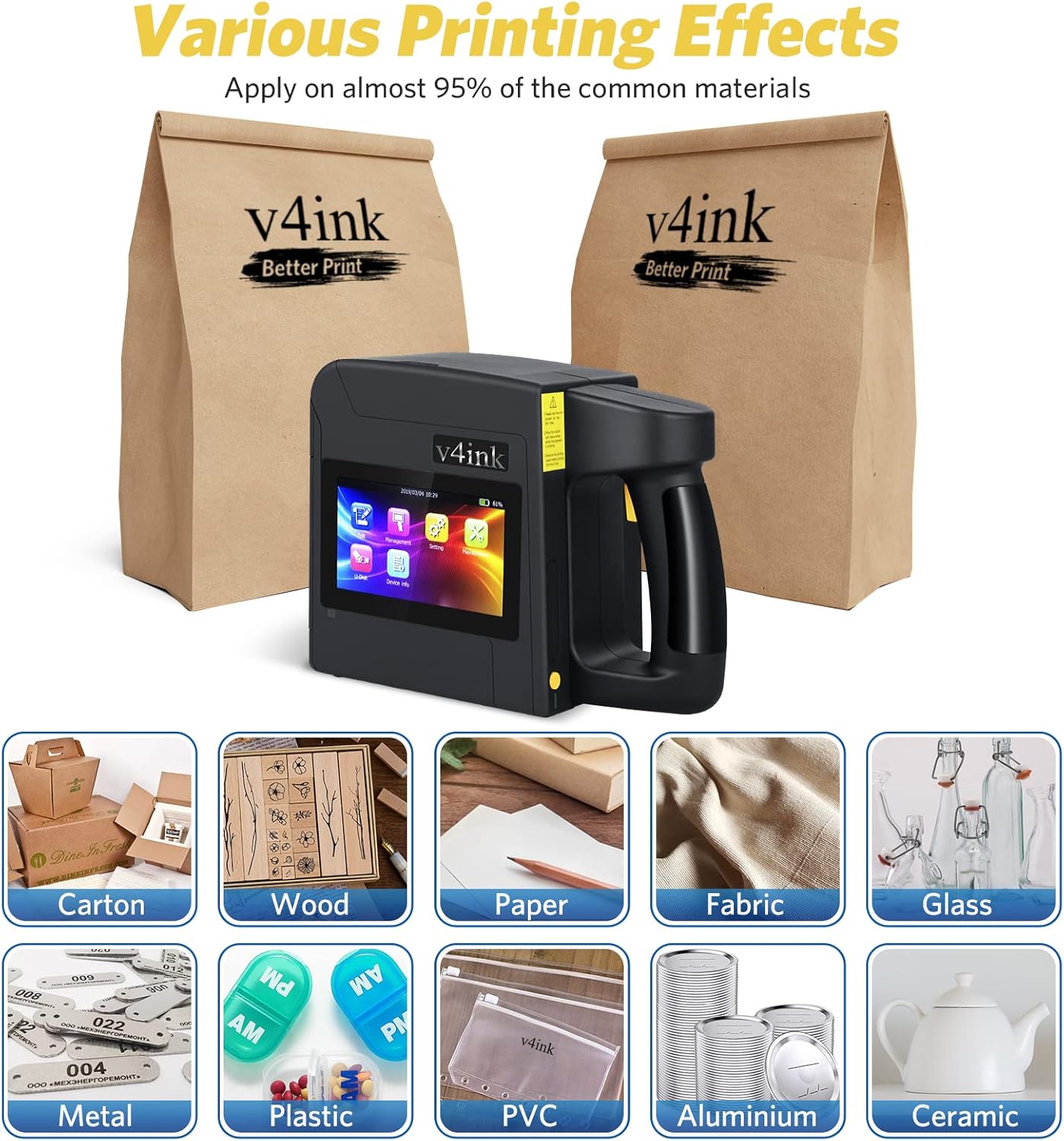 v4ink B85 Wide Format Handheld Inkjet Printer at 92mm Print Height for Large Character Printing on Plastic, Clothes, Wood, Carton, Metal with 5 Inch Touch Screen and Fast Dry Ink