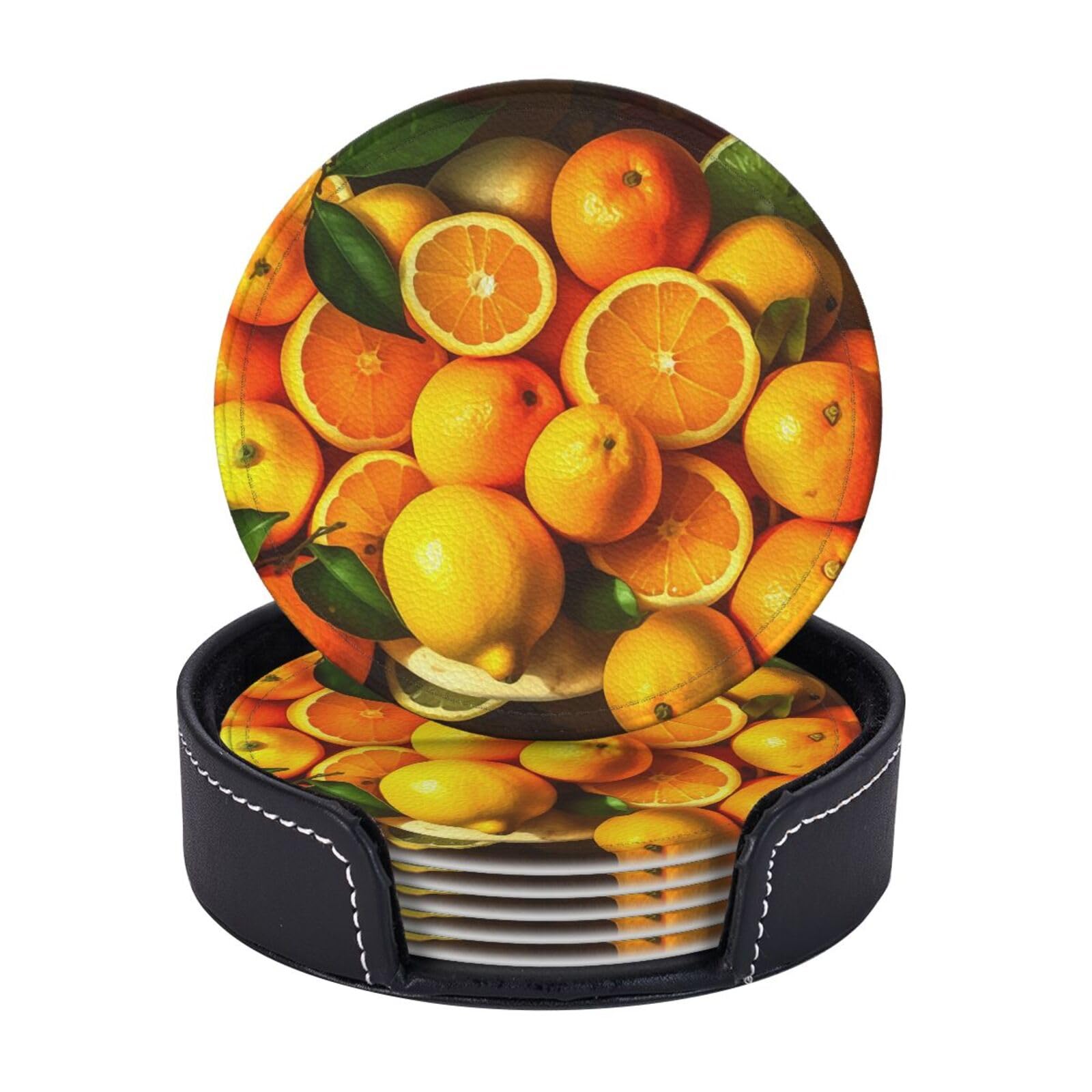 6PCS Drink Coasters with Holder, 4" Leather Coasters for Drinks, Oranges and Lemons Cup Coasters for Coffee Table Decor, Non-Slip Drinking Cup Mat for Hot or Cold Drink