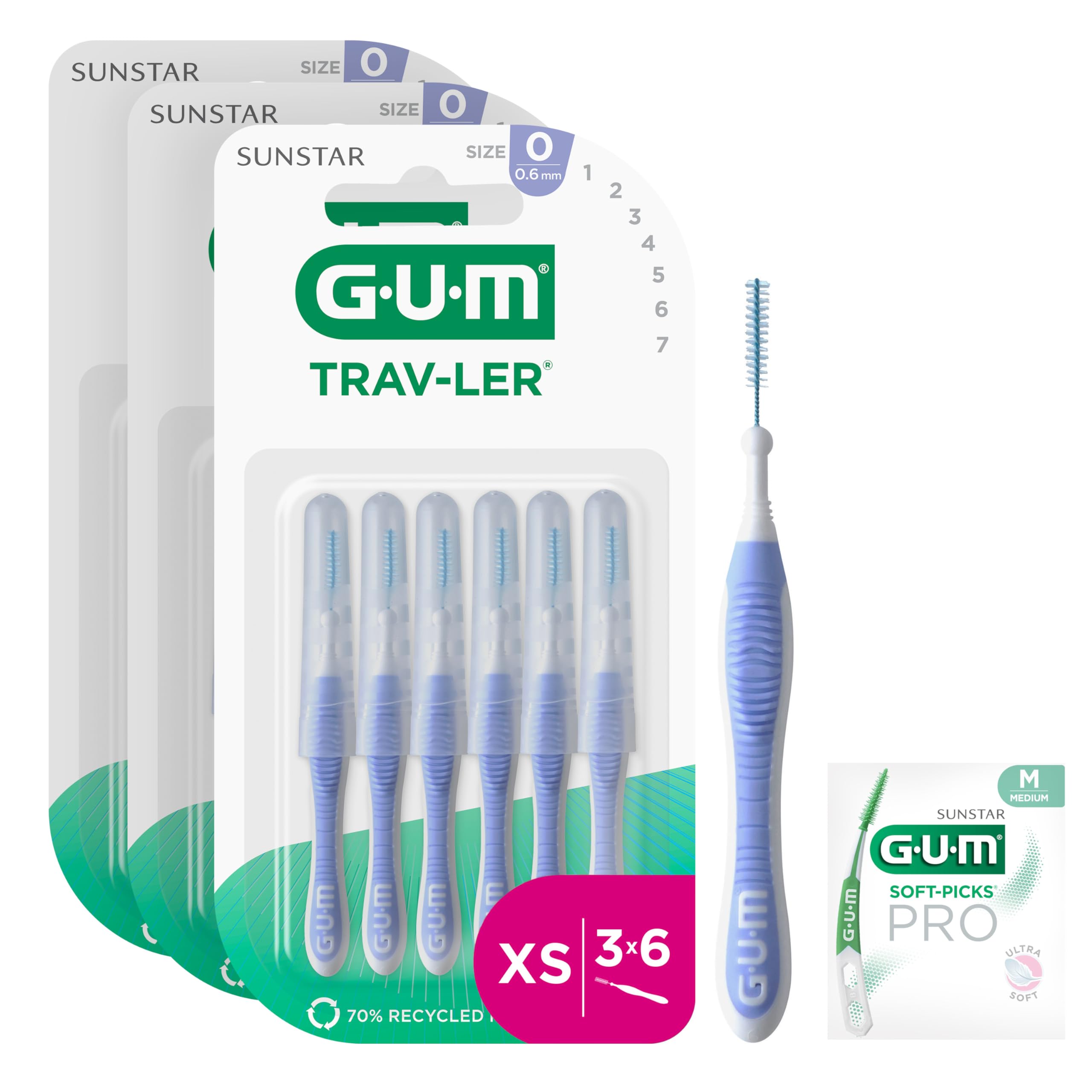 GUM TRAV-LER Scovolini interdentali | manico flessibile | pulizia profonda tra i denti e rimozione della placca | 0.6 mm, ISO 0 | Taglia XS | Confezione 3x6 (+ 1 campione omaggio)