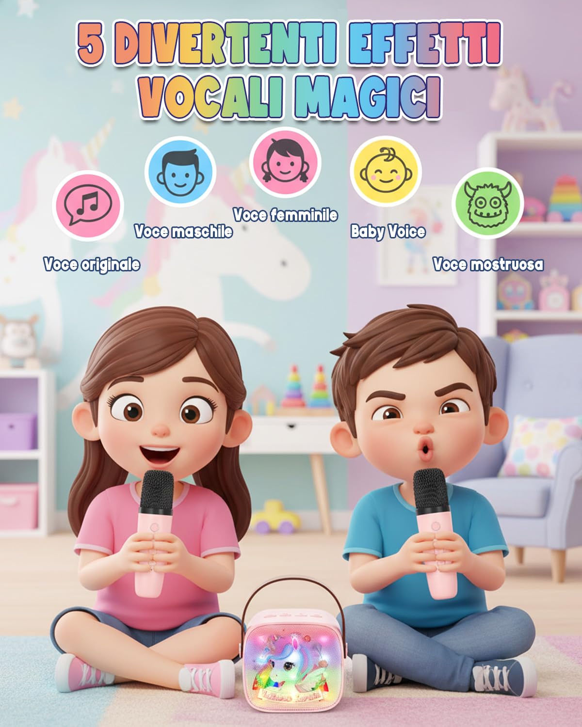 Karaoke per Bambini con 2 Microfoni Wireless Bluetooth, Gioco Musicale Unicorno per Bambina 3-12 Anni, Canta Tu Karaoke Portatile, Regalo Perfetto per Bambina