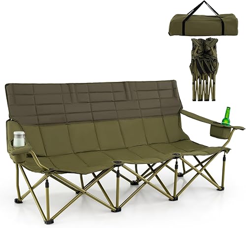 Goplus Silla de campamento para 3 personas para adultos, silla plegable de gran tamaño para exteriores baja con portavasos y acolchado grueso, silla