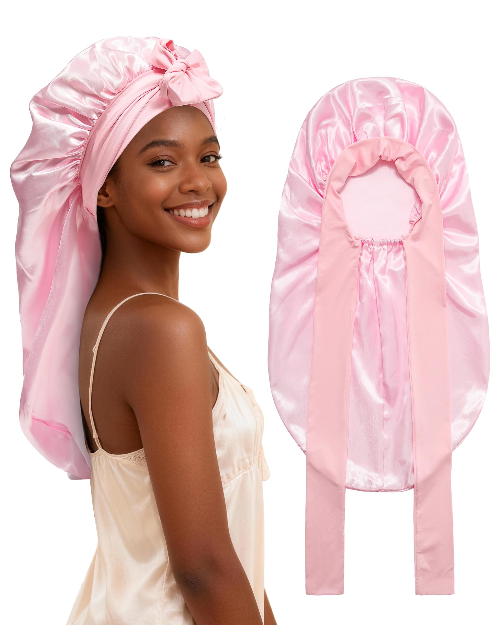 AWAYTR Long Satin Bonnet for Braids - Elastic Silk Hair Bonnets for Sleeping Night Cap Stretchy Tie Band for Women（Pink）