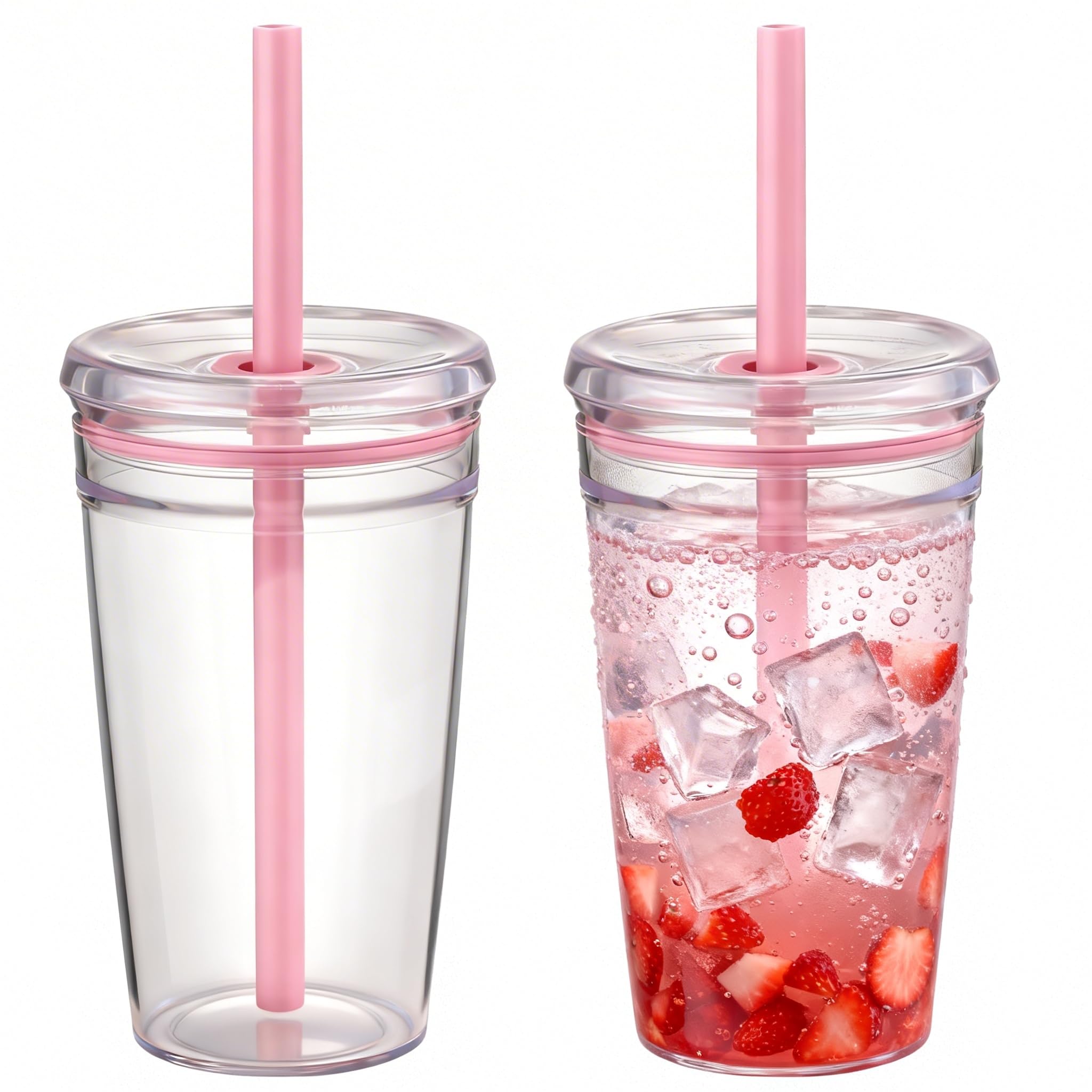 Yisituo 450ml Reusable Iced Coffee Cup, 2 Pack Clear Plastic Cups with Lids and Straws, Cold Cup, for Hot and Cold Drinks (2, Pink)