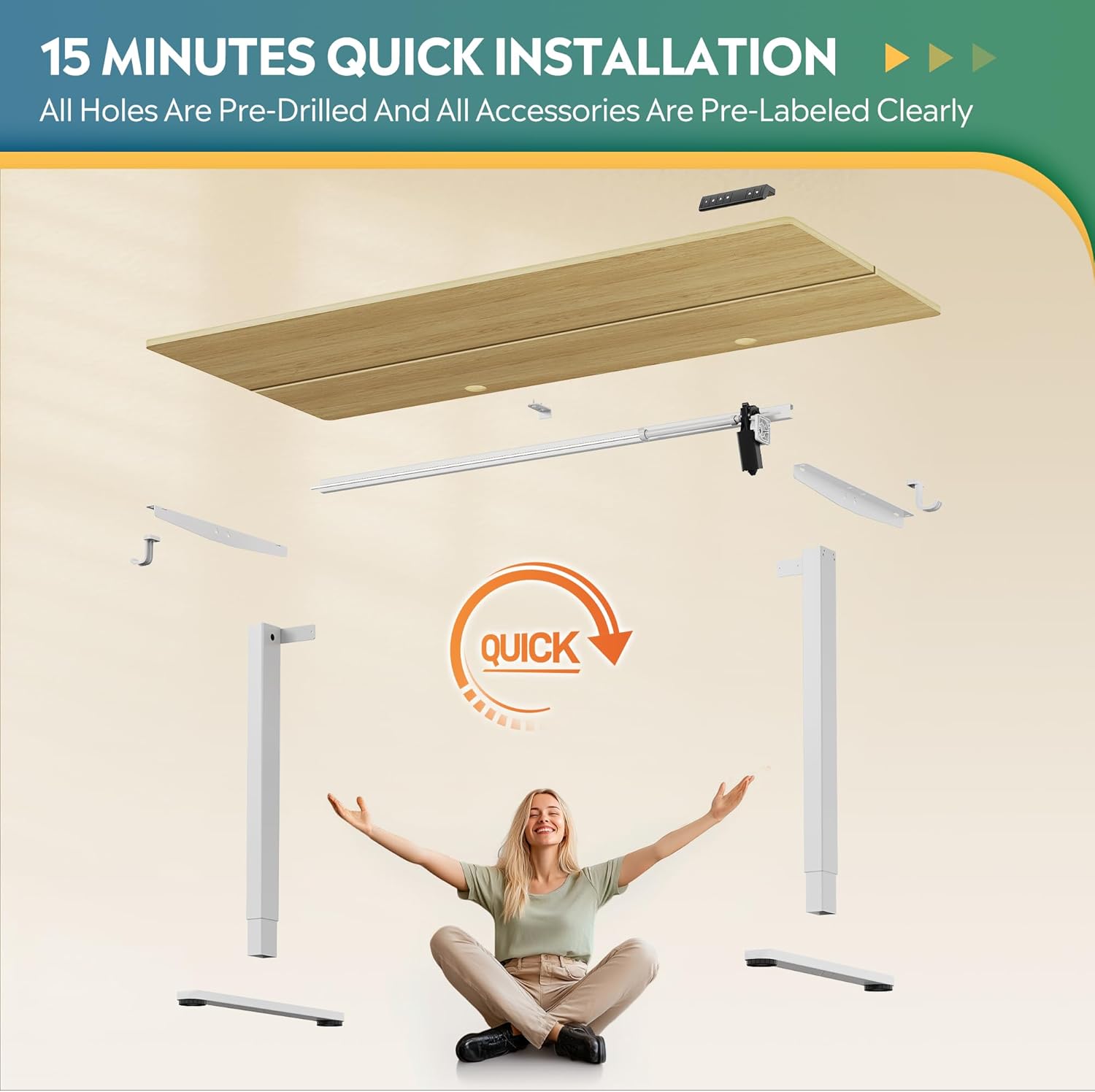 Exploded view of DEVAISE electric standing desk components for assembly