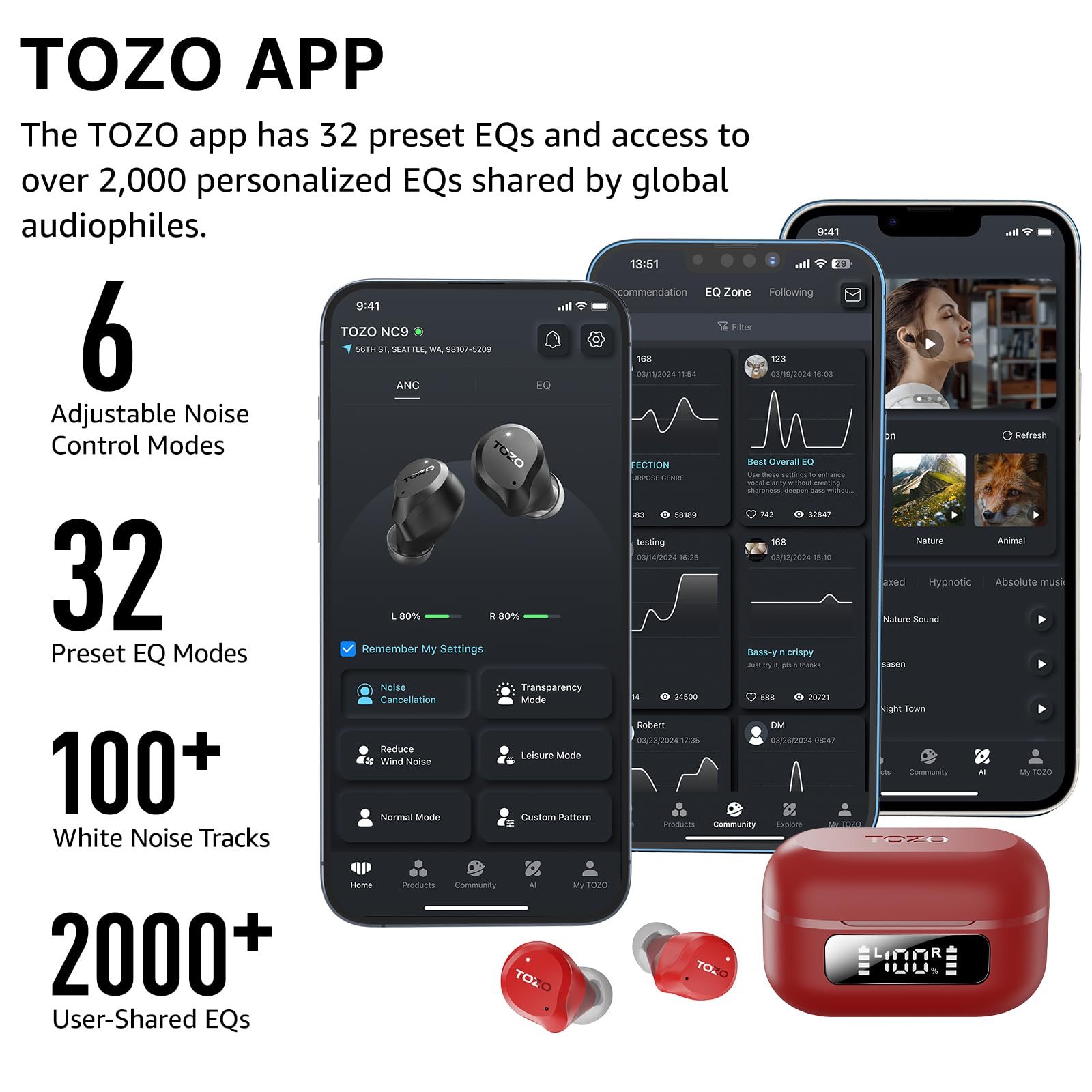 TOZO NC9 Écouteurs Bluetooth 5.3 sans fil avec ANC hybride jusqu’à 45 dB, micro clair à 6 microphones ENC pour les appels professionnels et le télétravail, son ORIGX, 60h d'autonomie,IPX8 EQ réglables