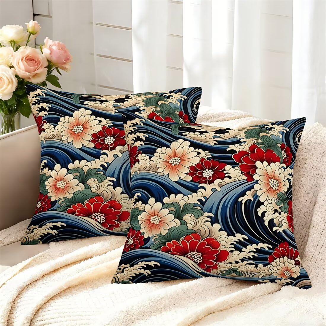 Wangllpgy Waves Cushion Covers 45Cm X 45Cm Set Of 2 Throw Pillow Covers Japanese Pillow Cases Autumn Sofa Cushions Decorative Pillows With Invisible Zipper Pillowcases For Bedroom Living Room Garden -Gy468