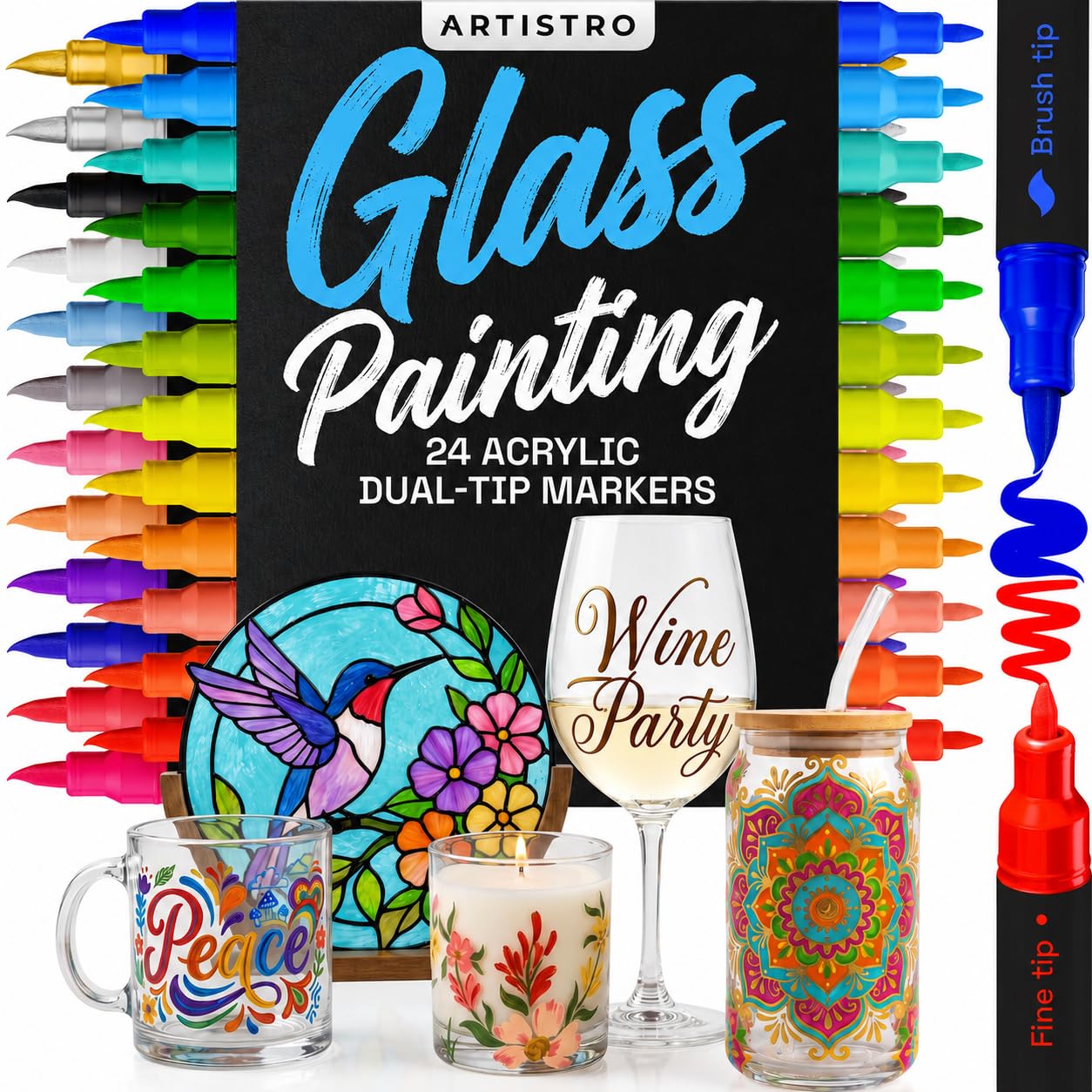 ARTISTRO 24 Acrylic Paint Markers, Wine Party Set, Brush &amp; Fine Tip