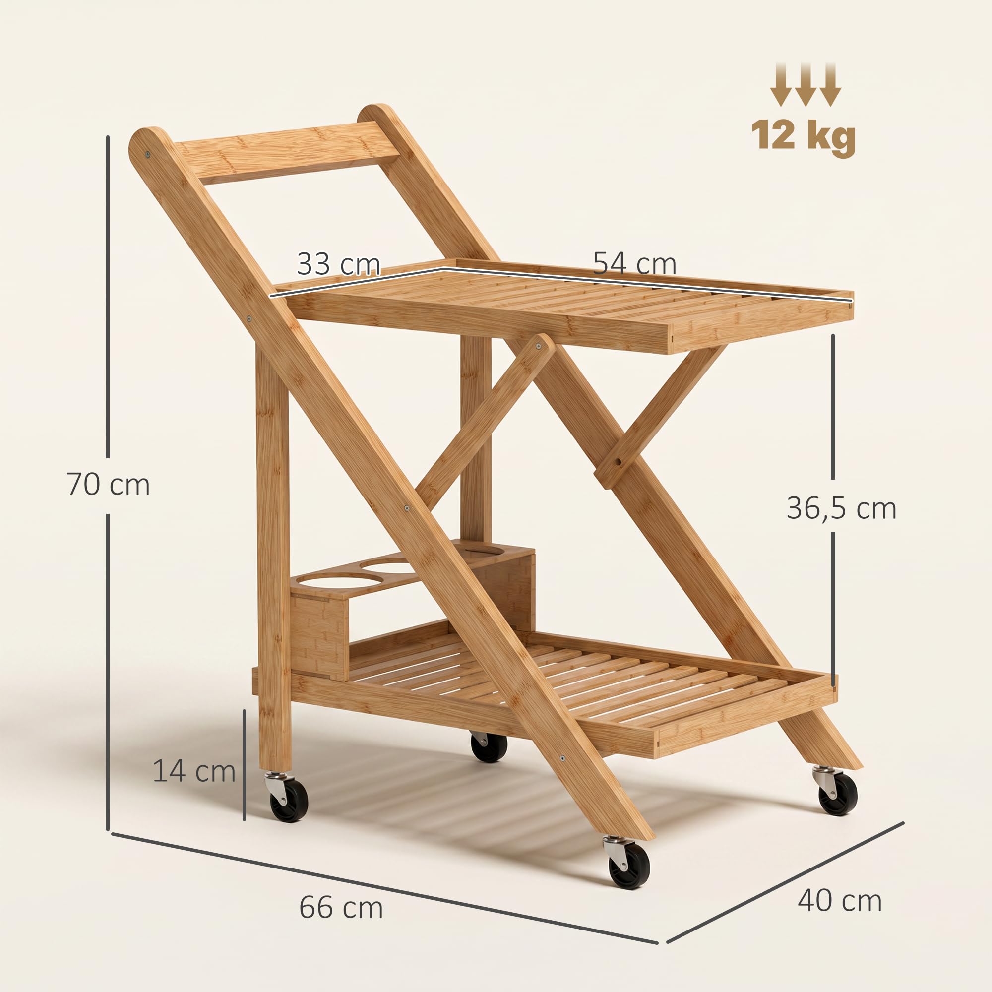 HOMCOM Desserte de Cuisine en Bambou, Chariot de Service Pliable, avec 2 Plateaux, 4 Roues, 3 casiers à vin, 66 x 40 x 70 cm, Bois Naturel
