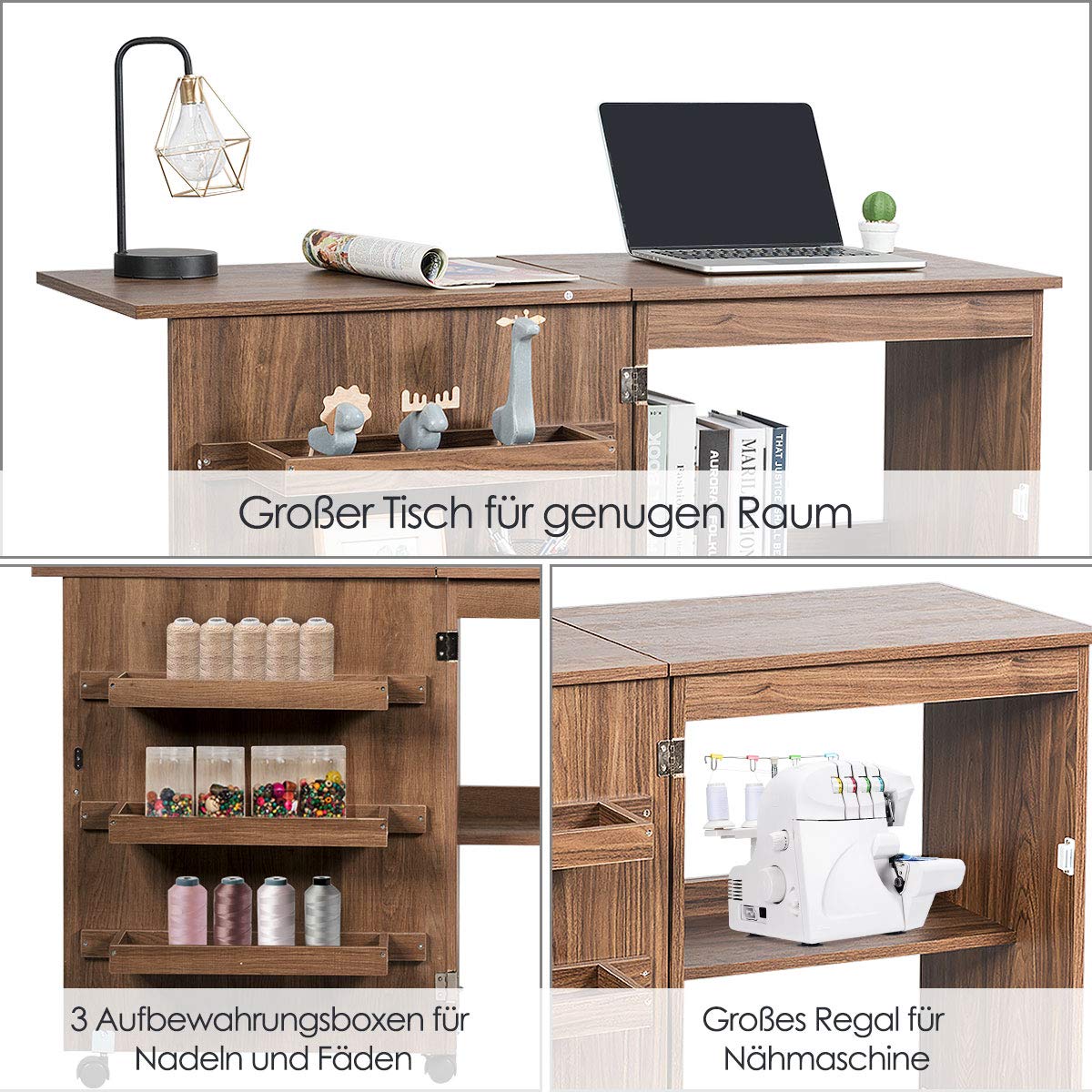 DREAMADE Nähtisch Nähmaschinenschrank Faltbar, Nähschrank Nähmöbel, Mehrzwecktisch mit 4 Rollen (Braun)