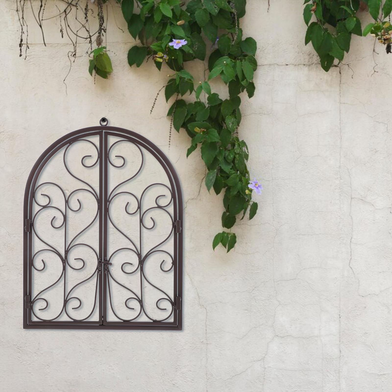 GRIRIW Eisen Wanddekoration gewölbtes Fenster mit wetterbeständigem Design für Garten und Hof im rustikalen Landhausstil brauner dekorativer Fensterrahmen