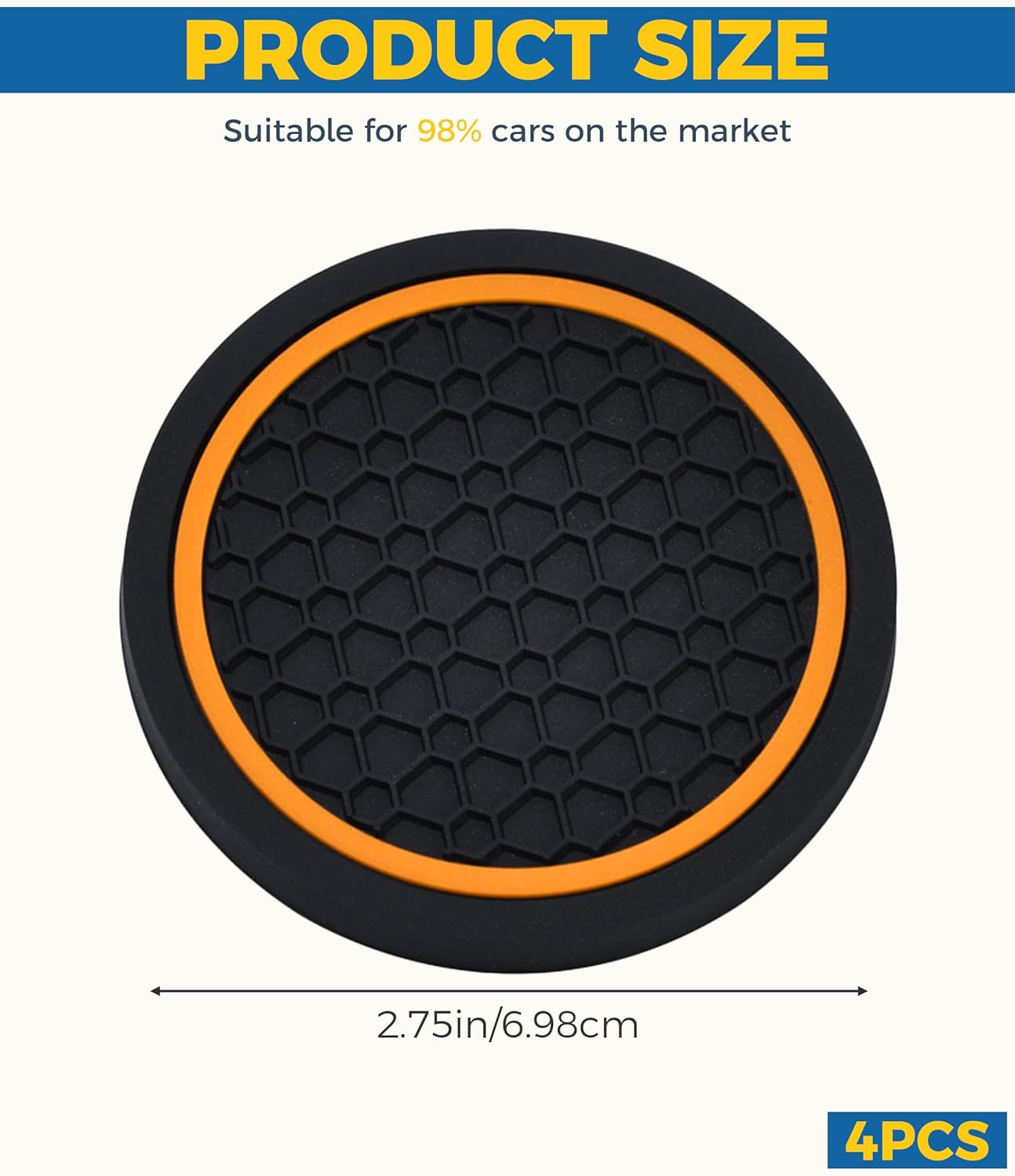 4PCS Car Coasters, Car Accessories Interior, 2.75 Inch Non-Slip Cup Holder Coasters, Black&Orange - Image 2