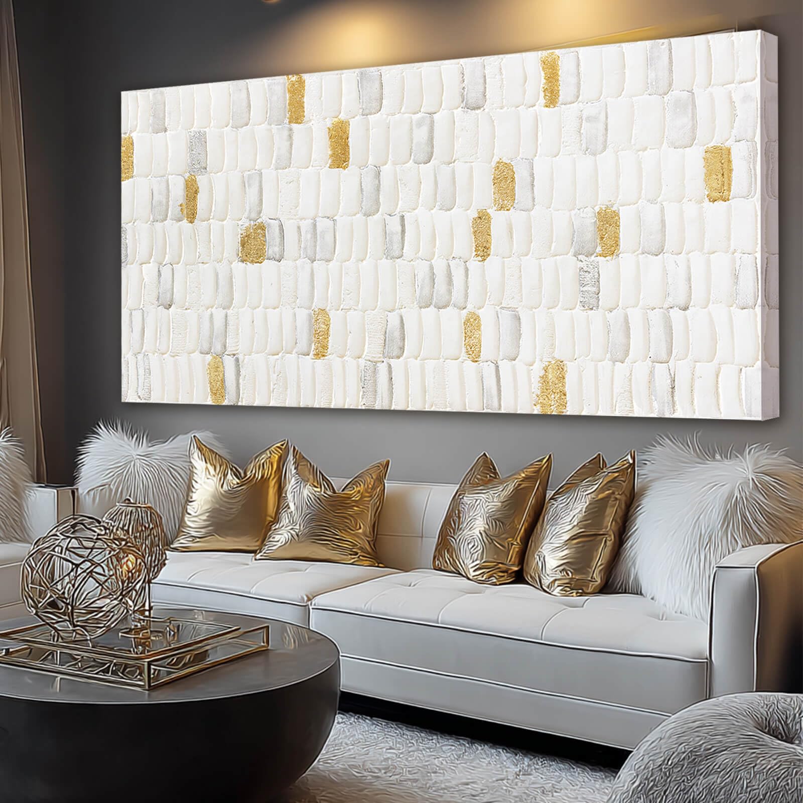 Photo 1 of YETHEN WAL White and Gold Textured Abstract Wall Art, Minimalist Neutral Canvas Painting Modern Artwork for Living Room Bedroom Office Decor 24x48 Inch