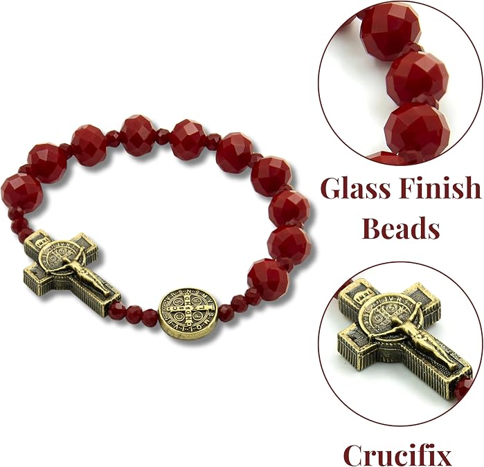 Catholica Shop - Catholic Religious Wear Elasticated Saint Benedict Bracelet Wooden Beads Decade Rosary Stretchable Bracelet for Men and Women