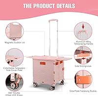 Vista 53 de FELICON SELORSS - Carrito plegable portátil con ruedas para subir escaleras y ruedas giratorias de 360°, mango telescópico, caja de plástico