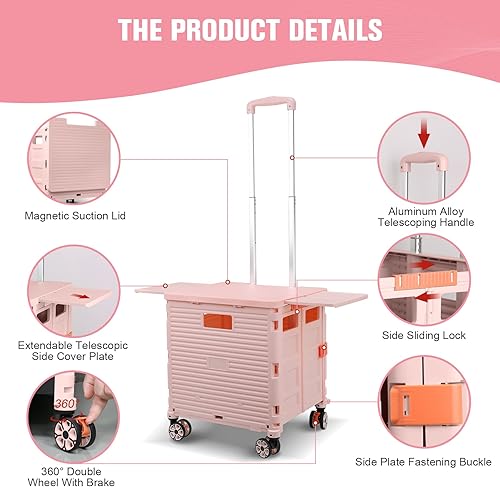 Miniatura 53 de FELICON SELORSS - Carrito plegable portátil con ruedas para subir escaleras y ruedas giratorias de 360°, mango telescópico, caja de plástico