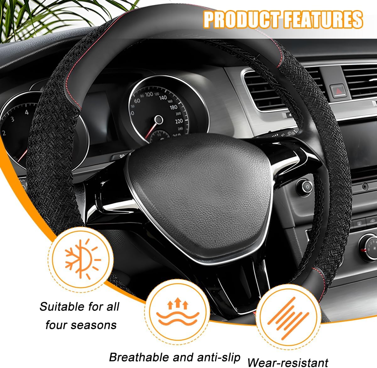 Car Steering Wheel Cover, 14.5-15" Breathable Linen Sporty Vehicle Steering Wheel Protector with Non-Slip Lining, Automotive Interior Decoration Accessories, Universal Fit (Black) - Image 3