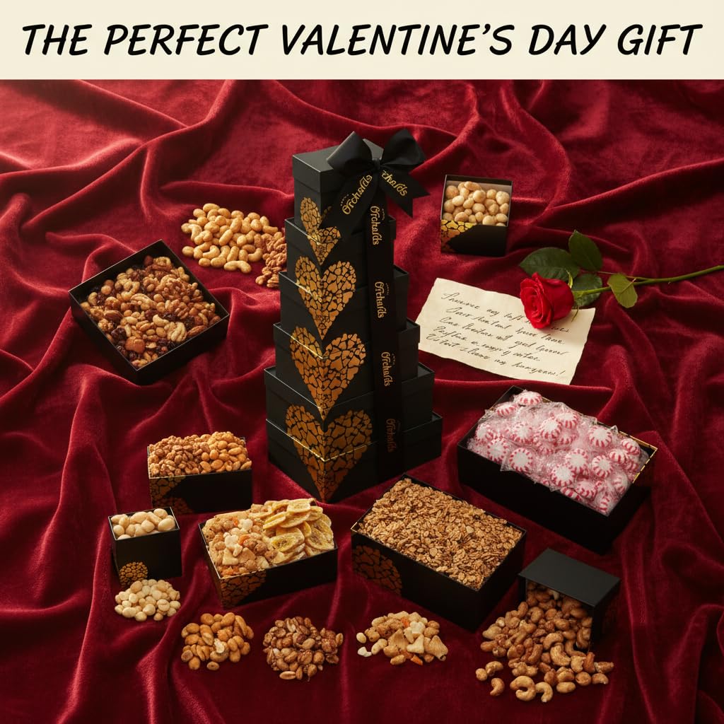 Fathers Day Nuts gift Basket Tower, Heart Design 6 Tier Food Baskets for Men and Women. Valentien Healthy Gift Basket.