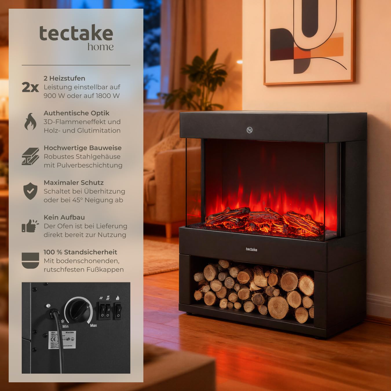 tectake® Elektrokamin mit 2 Heizstufen 900W/1800W, elektrischer Kamin mit 3D-Flammeneffekt, Glut und Holz, Kaminfeuer, Elektro Kamin Deko mit Thermostat, Kippschutz und Überhitzungsschutz, schwarz