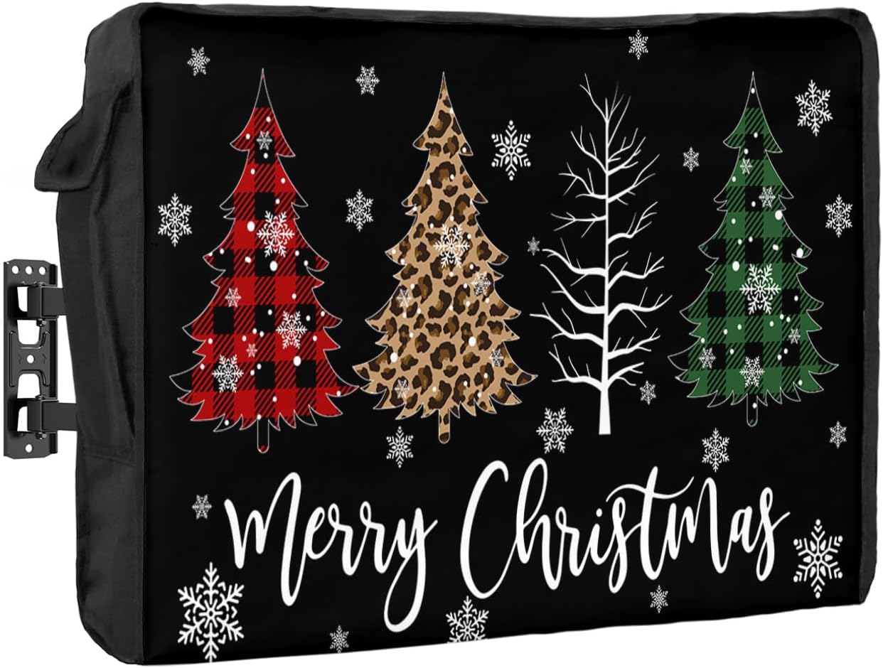 Outdoor TV Cover - Christmas Black Buffalo Grid Xmas Tree Waterproof and Weatherproof 30"-32" LCD Movable Shield TV Display Screen Protector Outside Television Covers