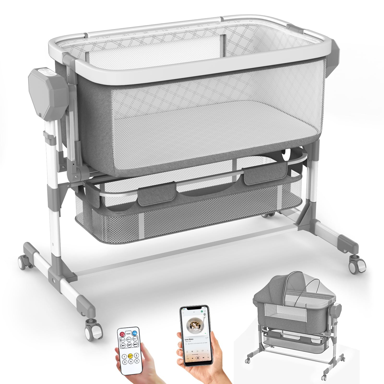 View 1 of [MISSING PARTS] Pionevox Rocking Bassinet for Baby, Electric Bassinet Automatic 5 Rocking Motion Bassinet Bedside Sleeper for Newborn, Auto Rolling Baby Cradle 6 Height Adjustable with 4 Lullabies, Wheels, Storage