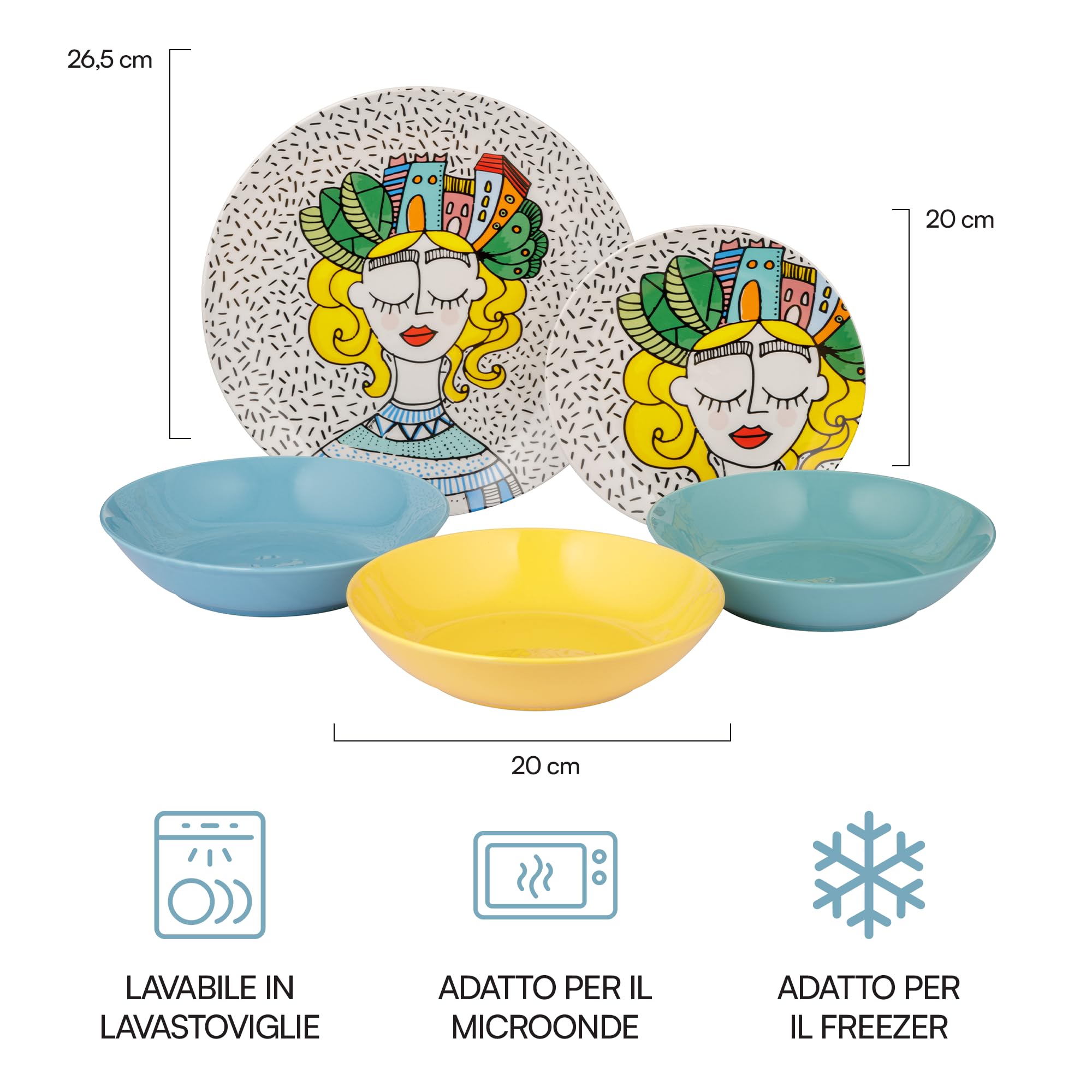 Baroni Home Juego de 18 Platos de porcelana y gres, Vajilla para 6 personas, Set Completo, Conjunto de Platos planos, hondos y platillos para postre (Fantasia City Girl)