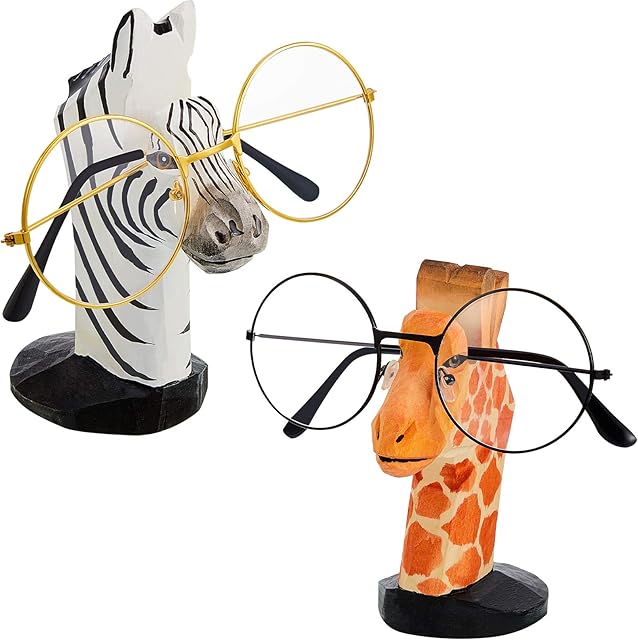 2 Pieces Wooden Animals Eyeglass Holder Hand Carved Wood Eyeglasses Sunglasses Holder Stand for Home Office Desk Decor (Giraffe, Zebra)