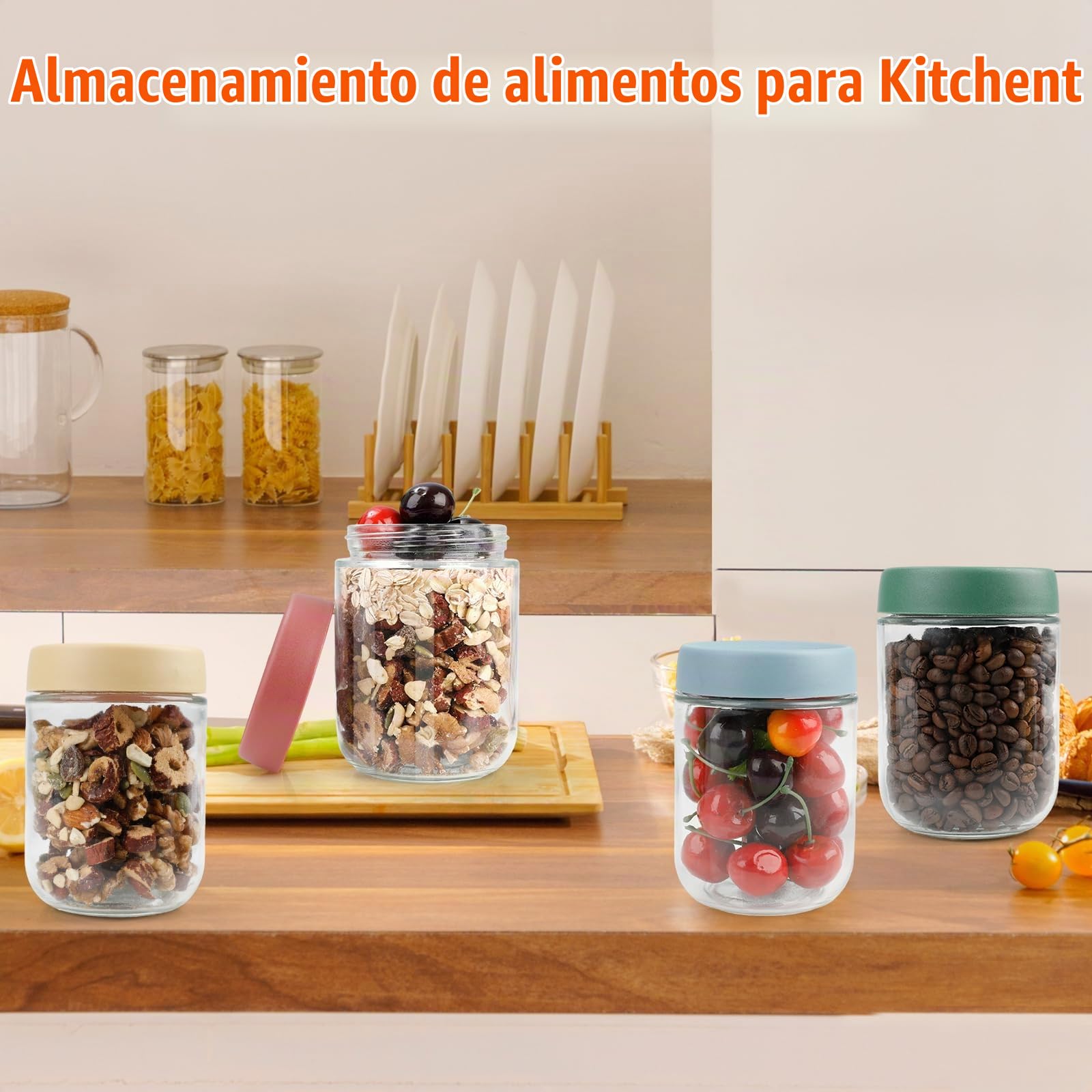 VINATO Pack de 4 Tarros de Cristal con Tapa 480ml, Tarros Cristal Herméticos, Botes con Tapa, Overnight Oats Jar, Frascos Alimentación