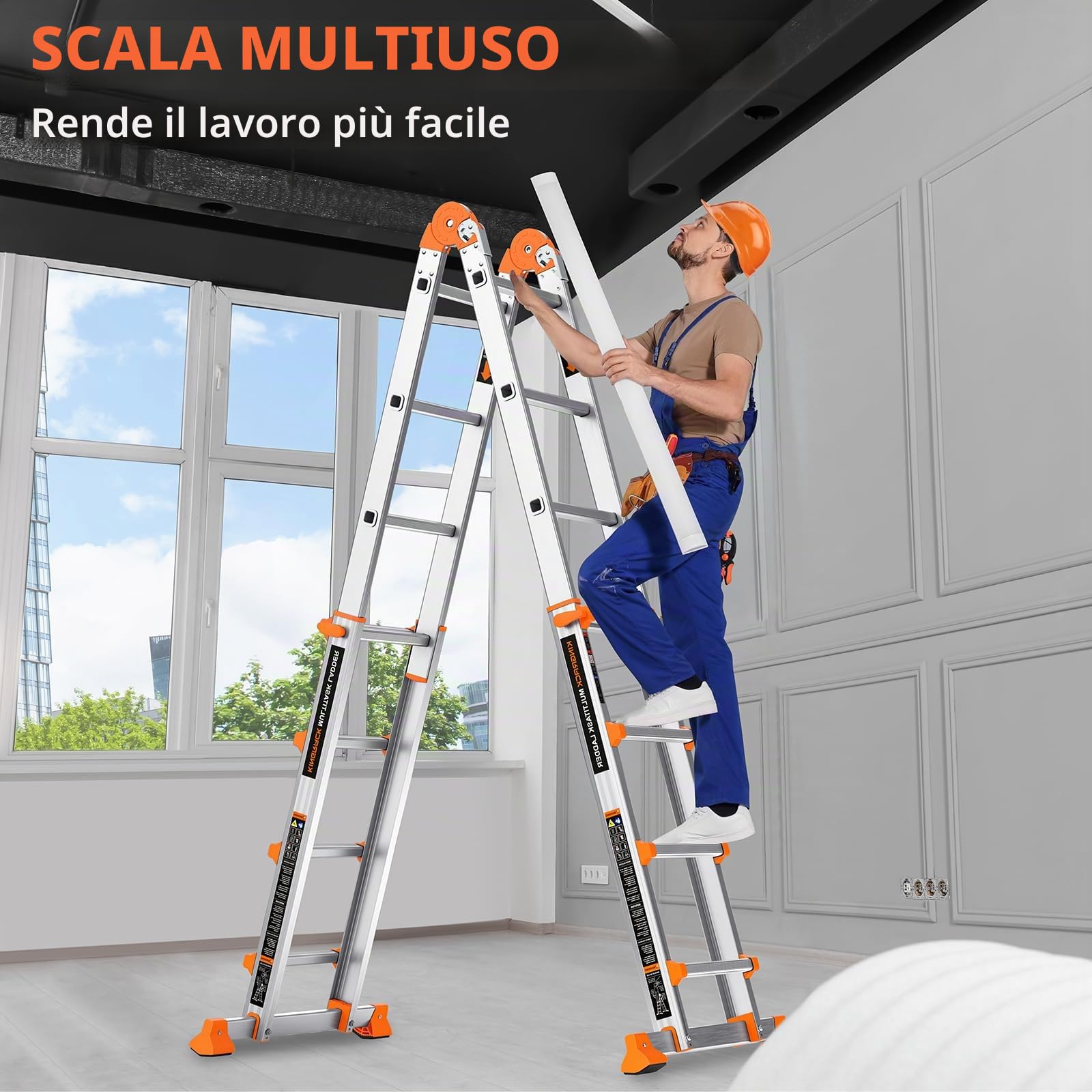 KINGRACK Scala telescopica in alluminio, scala allungabile multifunzionale antiscivolo con barra stabilizzatrice, carico di sicurezza 150kg, scala 4 gradini allungabile per scale, casa, esterno