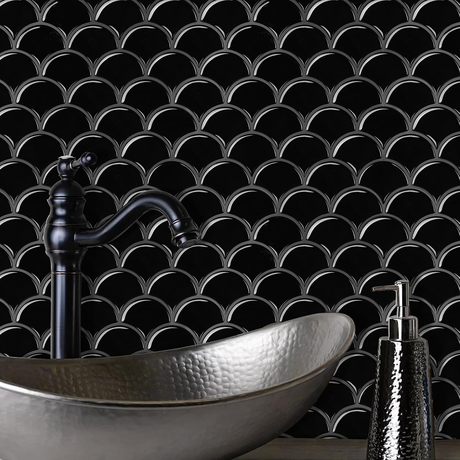 Peel and Stick Tile for Kitchen Backsplash, Grand Fish Scale Fan Shape Stick on Tiles for Kitchen, Self Adhesive Backsplash Tiles (Black).