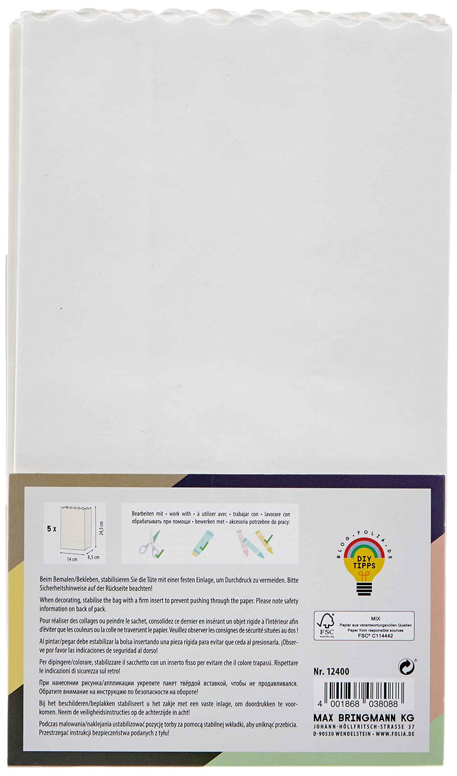 folia 12400 – Light Bags Made of Flammable Paper, Blank, Pack of 5, Each Approx. 24.5 x 14 x 8.5 cm, for DIY Table Decoration, for Garden Parties, Birthdays, Weddings