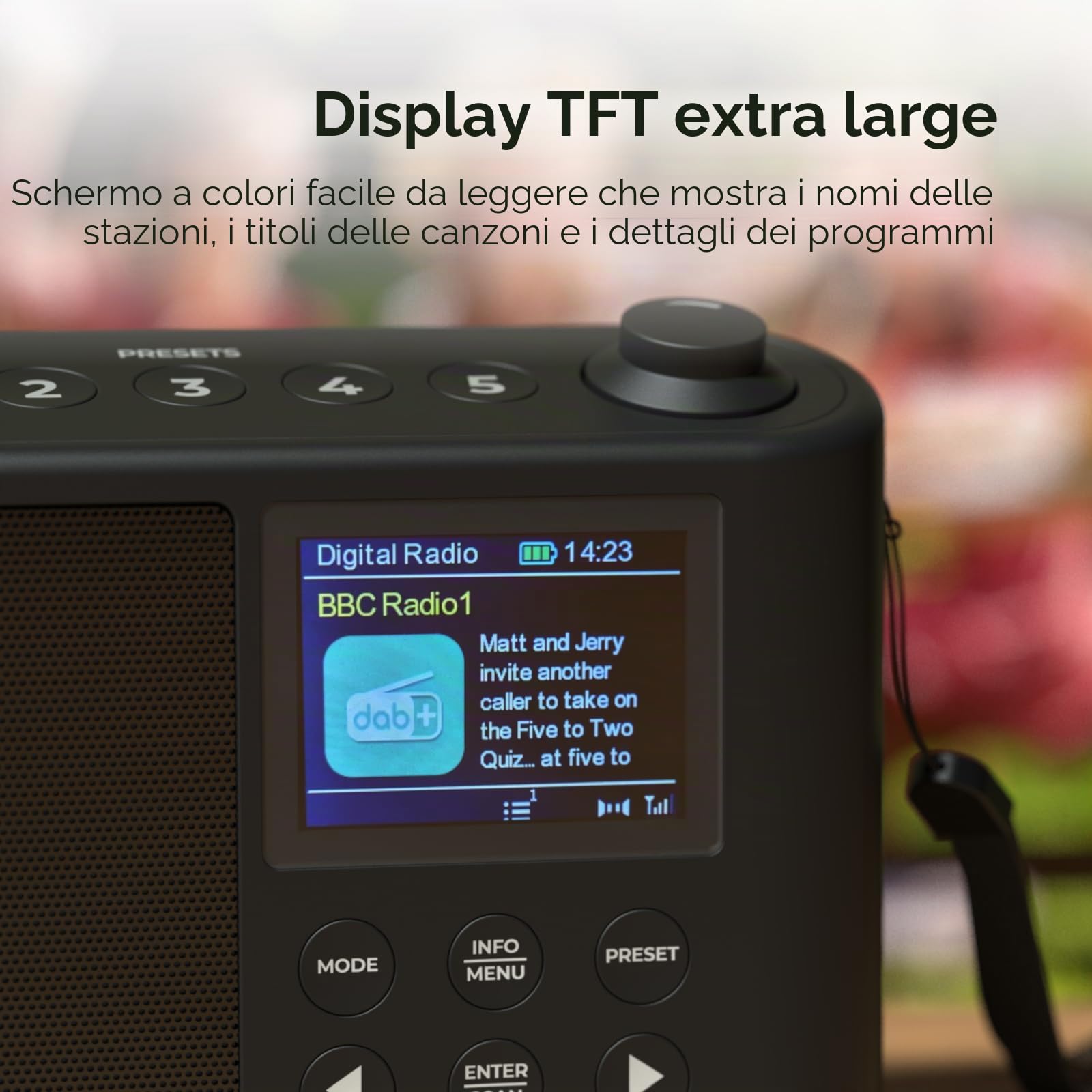 Radio DAB portatile, radio DAB Plus/DAB, radio FM, piccola radio, grande display LCD, radio portatili con rete elettrica e batteria, ricarica USB per 10 ore di riproduzione, (spettro di iBox)