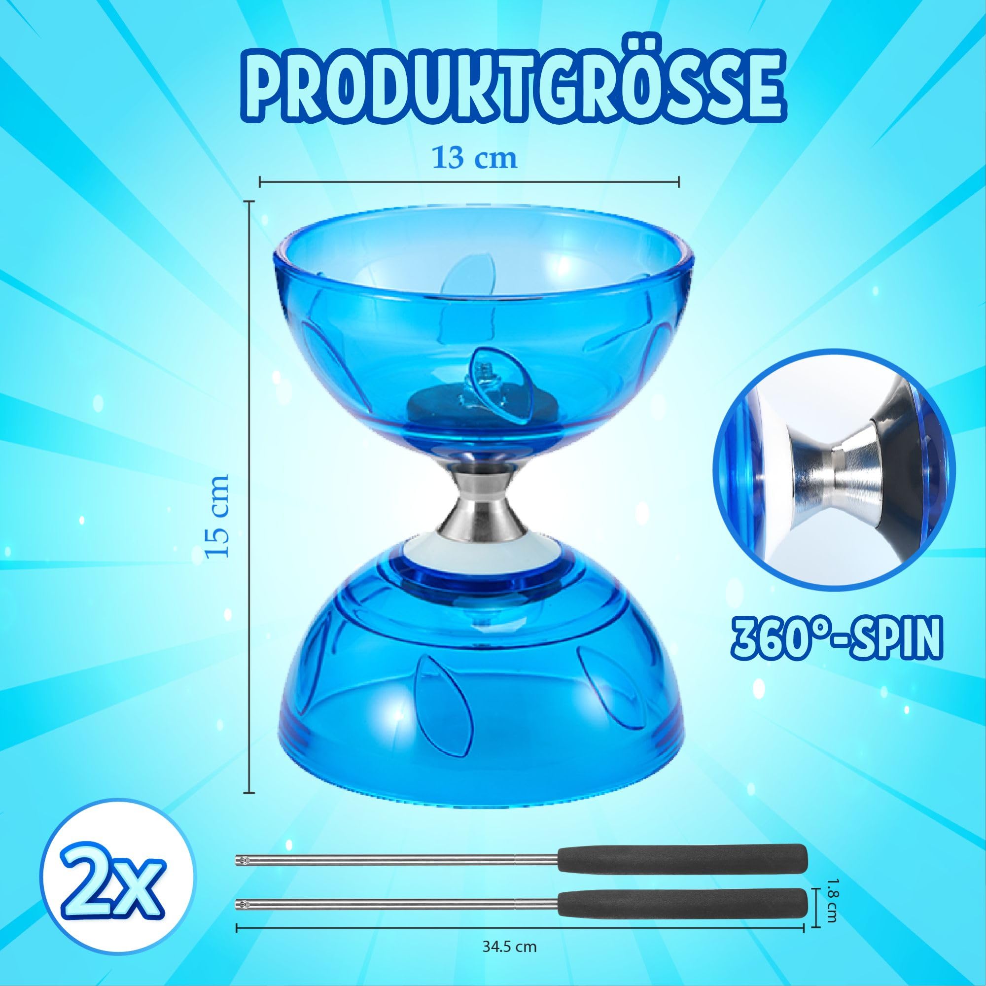 LED Diabolo mit Kugellager - 4,5mm Jonglier Set Leuchtend im Dunkeln | Licht Diabolo für Kinder & Erwachsene, Anfänger & Profis | Freilauf Zirkus Spielzeug für Indoor & Outdoor