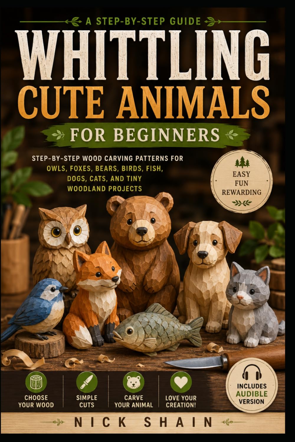 Whittling Cute Animals for Beginners: Step-by-Step Wood Carving Patterns for Owls, Foxes, Bears, Birds, Fish, Dogs, Cats, and Tiny Woodland Projects