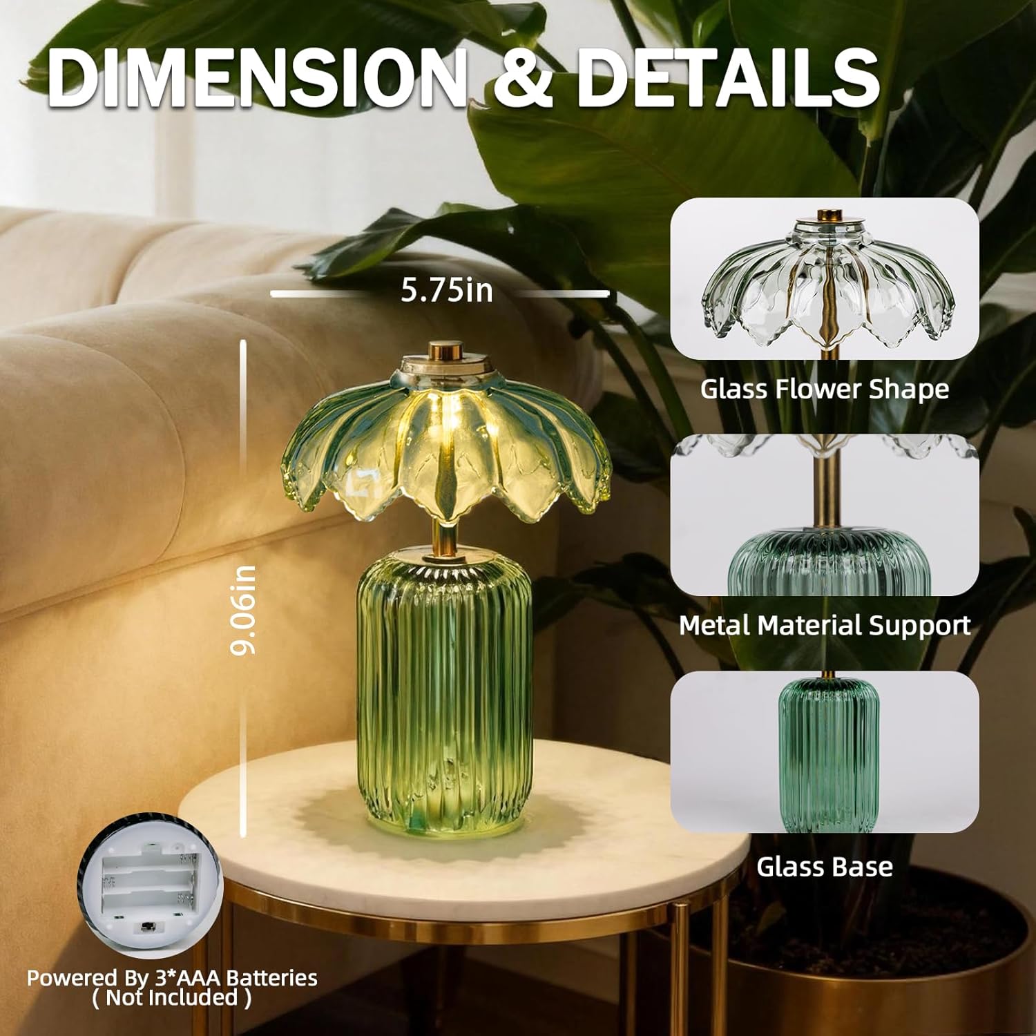 MJ PREMIER Cordless Lamp, Battery Operated Lamp with Timer, Crystal Glass Flower Lampshade, Small Table Lamps, Decorative Led Light for Bedroom Living Room Shelf (S-Green)