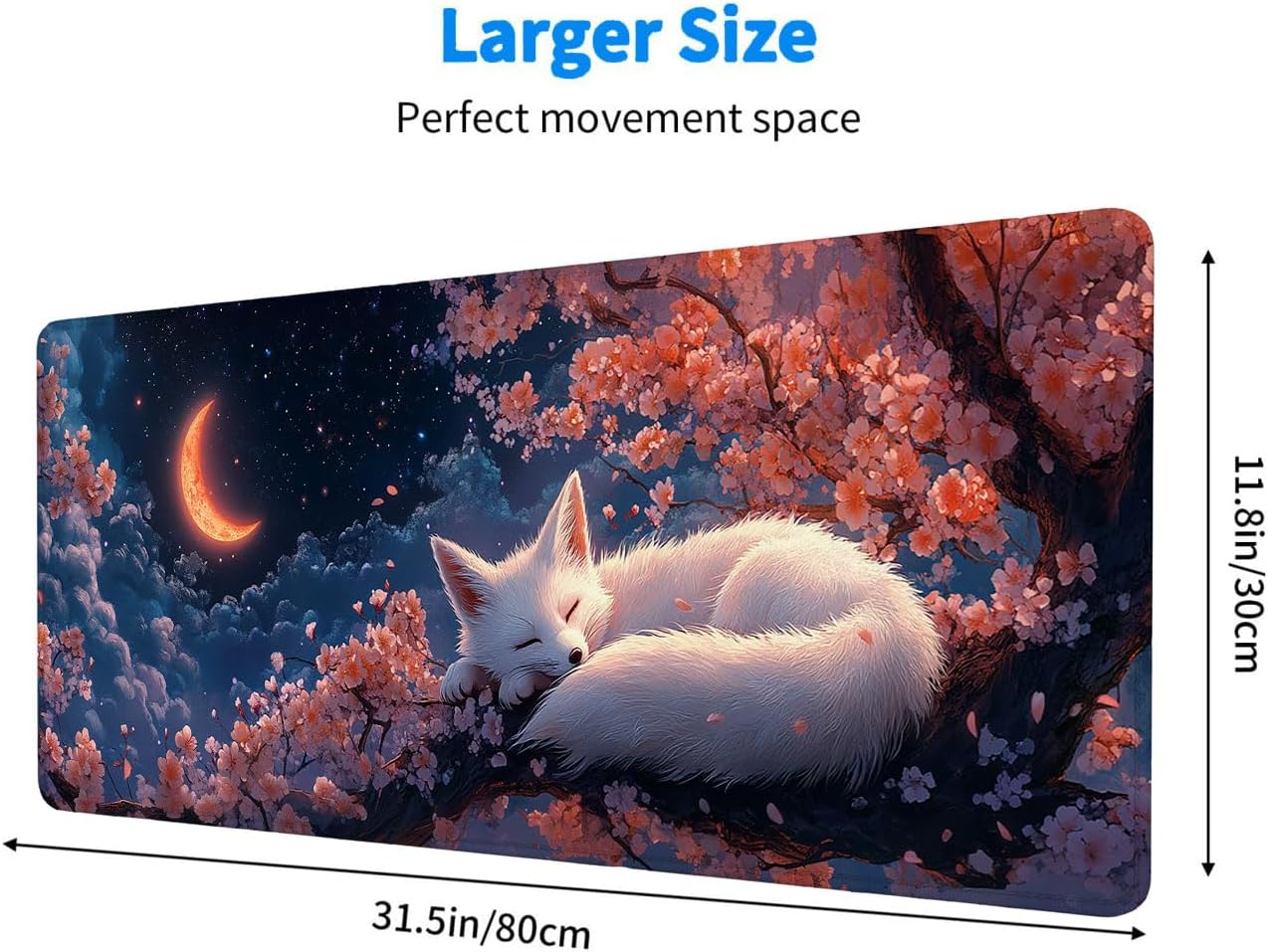 Kawaii Fox Anime Mouse Pad Cherry Blossoms Cute Moon Japanese XL Mouse Pad Large Mousepad Extended Laptop Keyboard Mat Gaming Desk Pad Mouse Mat Office Computer Keyboard Laptop Home, 31.5x11.8 Inch image 3