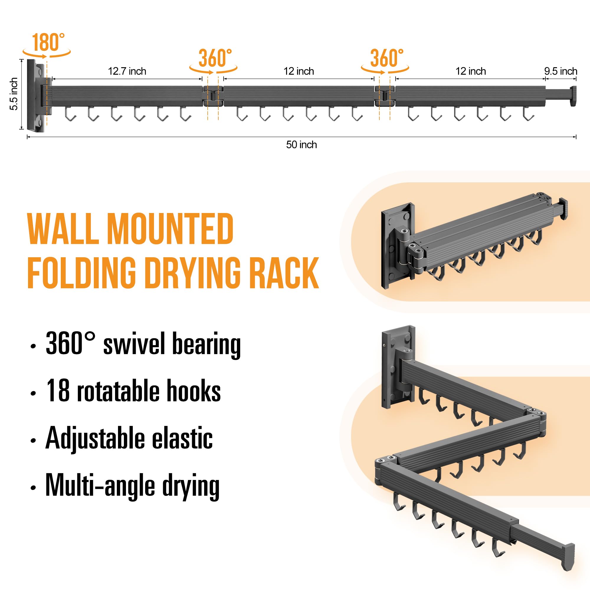 LIENAHU Drying Rack Clothing,Wall Mounted Clothes Drying Rack,Laundry Drying Rack,Folding,Retractable,Collapsible Drying Rack,Hanger Rack for Laundry,Dryer Rack Wall Mount(Grey-Hooks) - Image 3