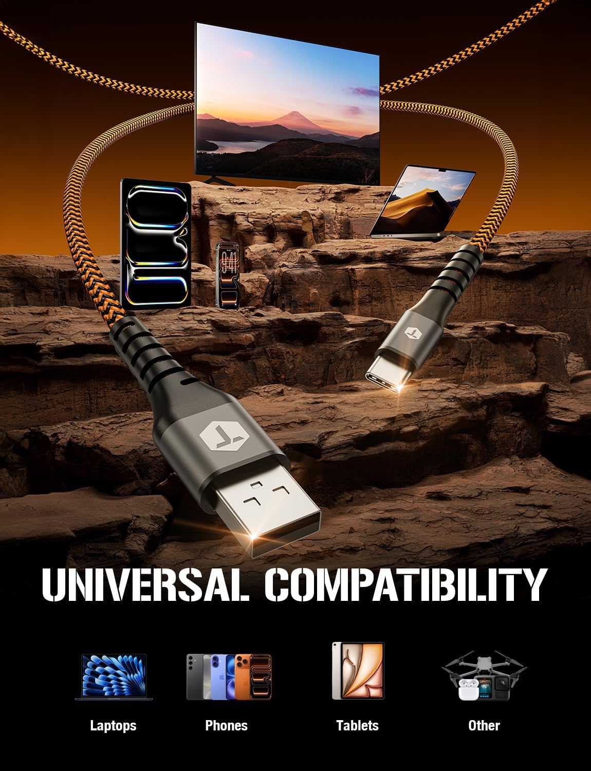 ToughTested Cavo da USB a USB C da 1,8 m, cavo di ricarica in nylon a doppio intrecciato, ricarica e sincronizzazione rapida da 3 A, cavo di ricarica di tipo C per Android, iPhone 15/16/17