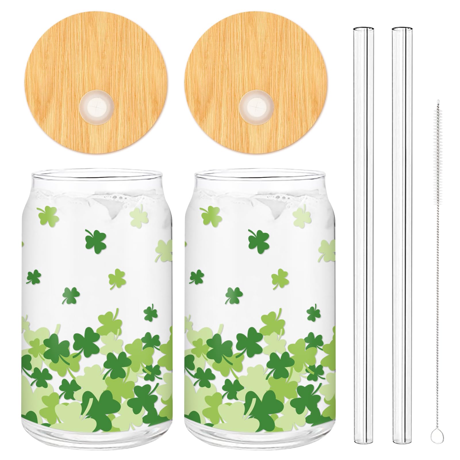 Whaline 2 Pack St Patrick's Day Drinking Glasses Green Shamrock Iced Coffee Cup Lucky Clover Beer Can Glass with Lid Straw Cleaning Brush for Home Office Gifts,16oz