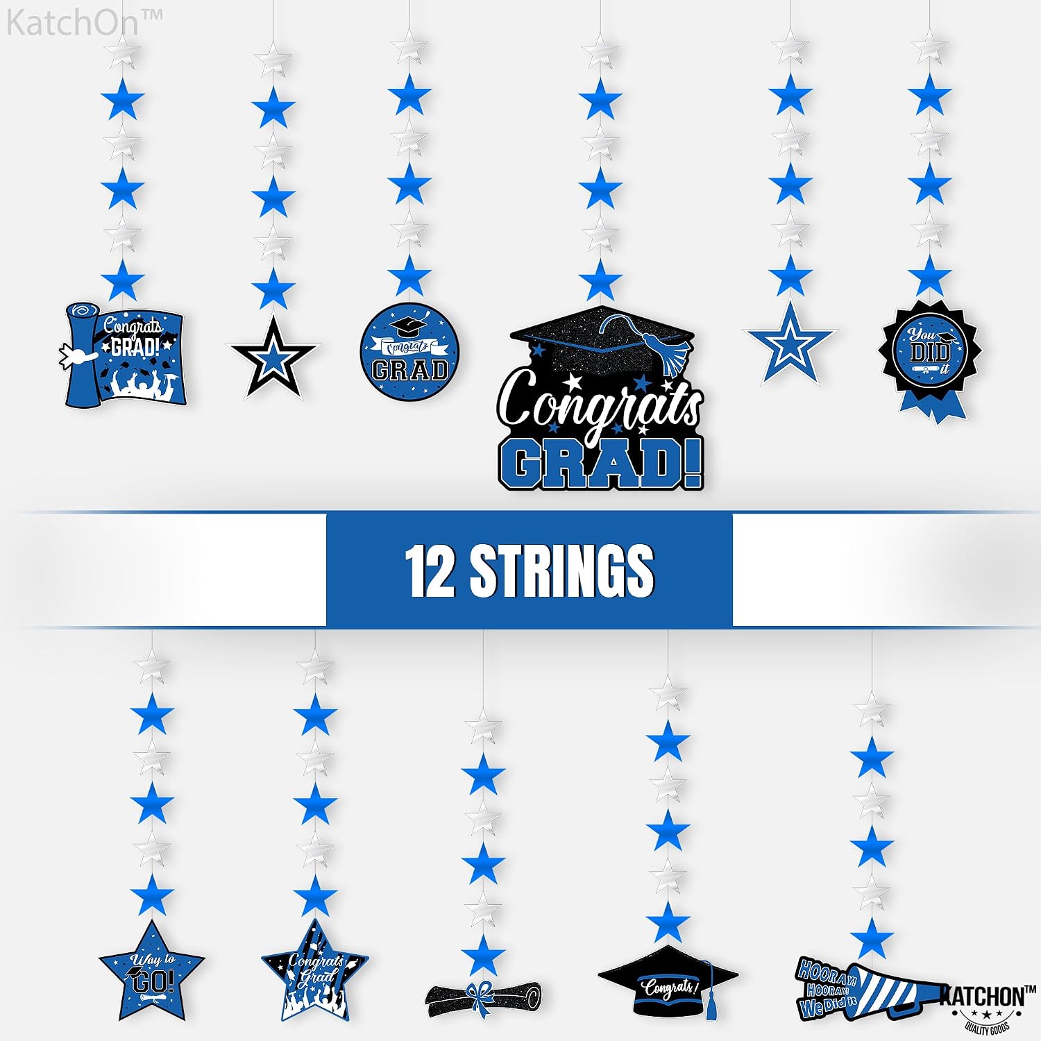 KatchOn, Graduation Garland Class of 2026-12 Strings, No DIY | Graduation Hanging Swirls, Black and Blue Graduation Decorations 2026 | Graduation Cap Garland for 2026 Graduation Party Decorations